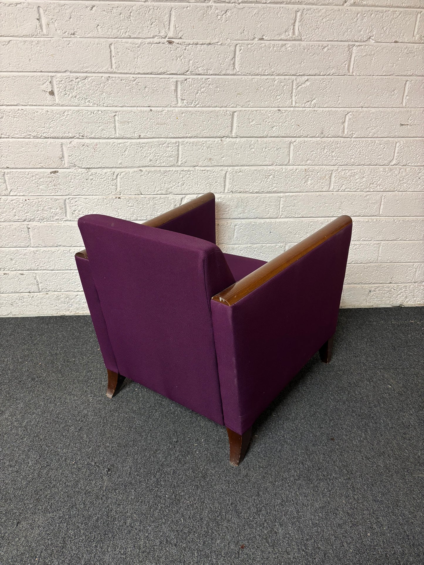 Solid cherry wood framed lounge chair with dark purple fabric  1325