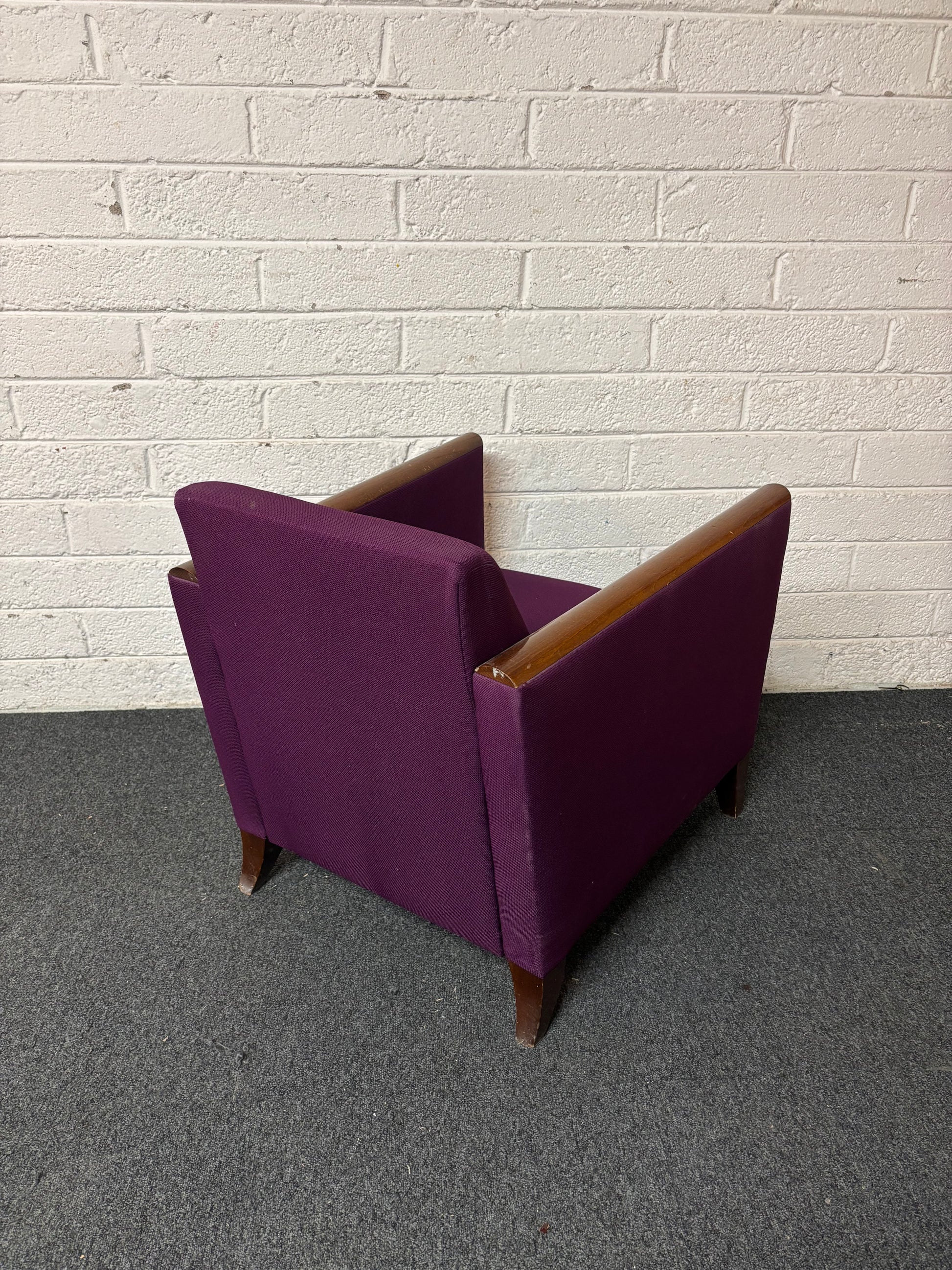 Solid cherry wood framed lounge chair with dark purple fabric  1325