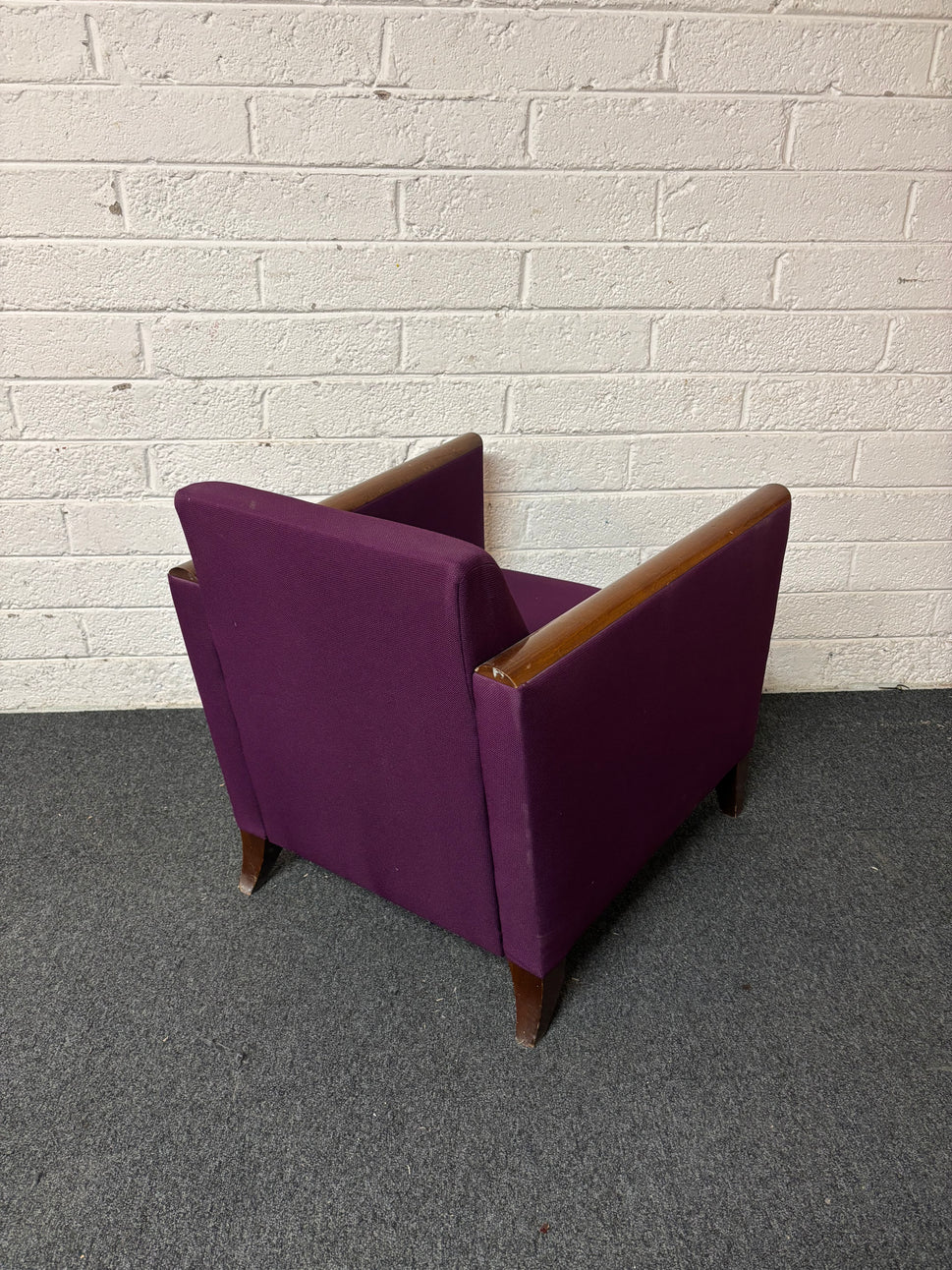 Solid cherry wood framed lounge chair with dark purple fabric  1325