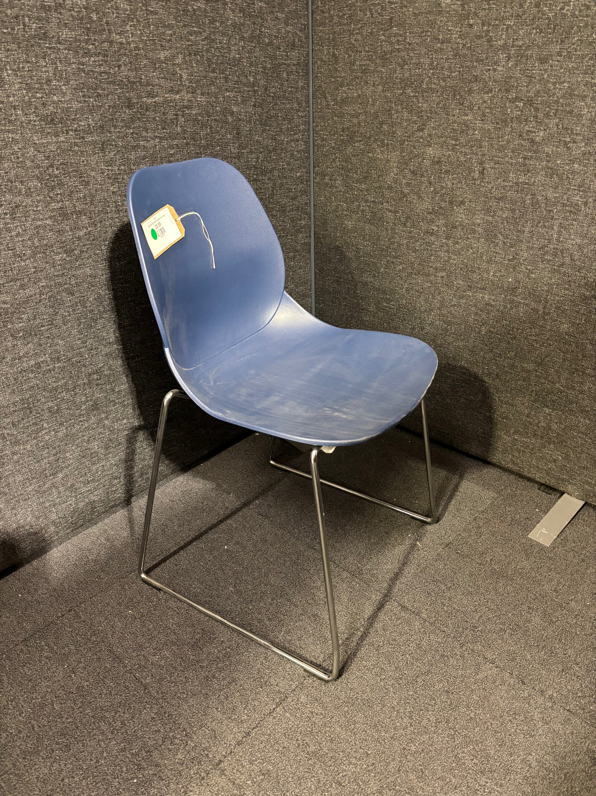 Dark blue plastic metal frame stacking chair- no arms