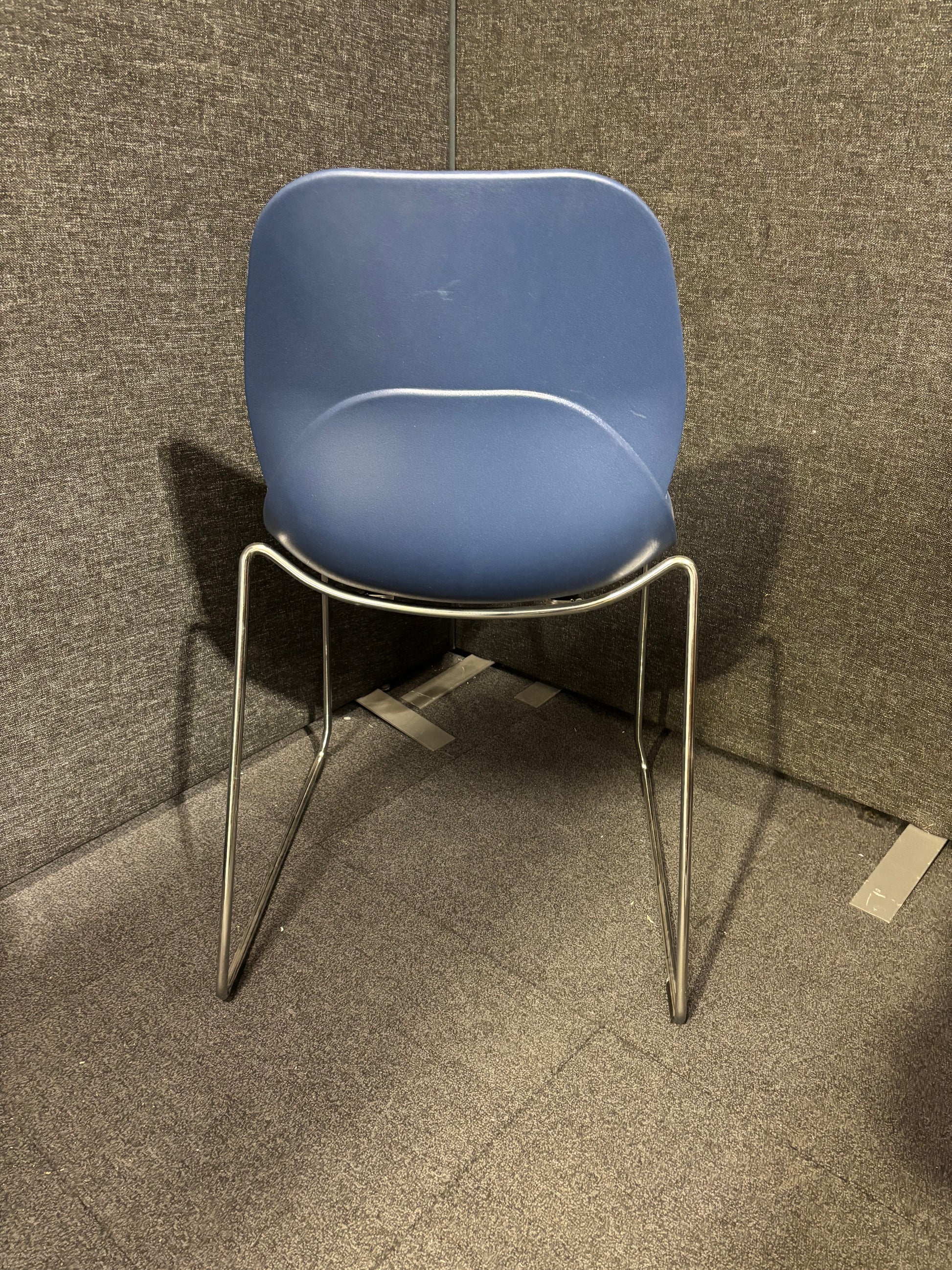Dark blue plastic metal frame stacking chair- no arms