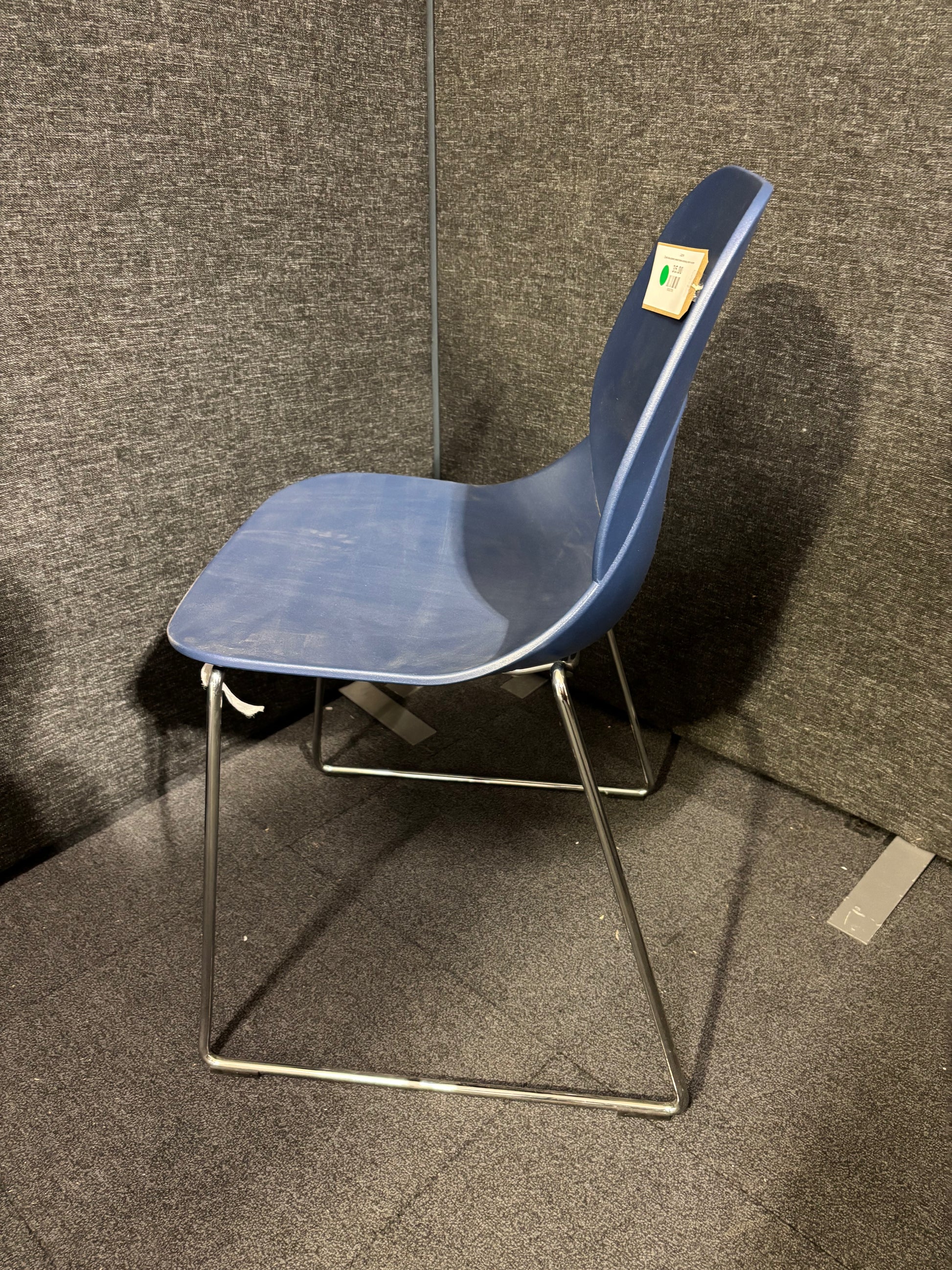 Dark blue plastic metal frame stacking chair- no arms