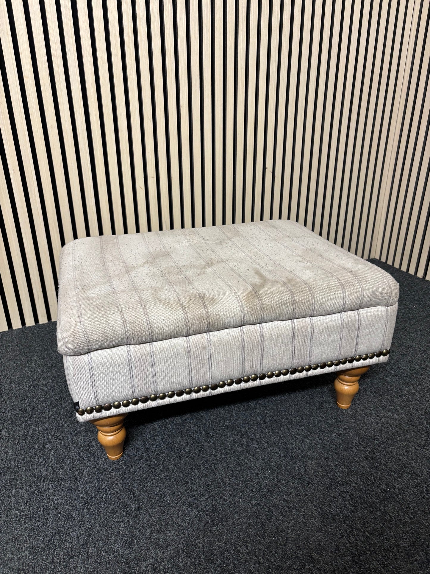 Stripped grey fabric wooden framed footstool with button effect 2325