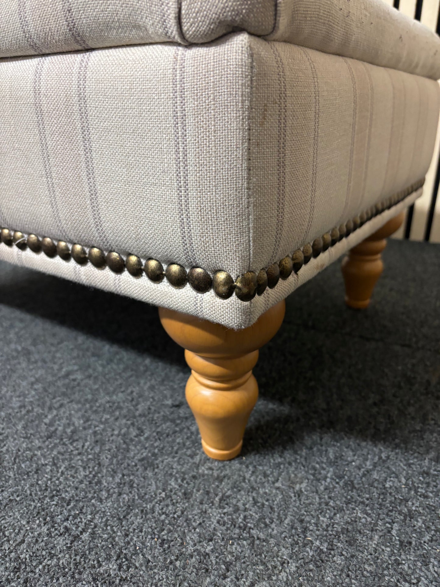 Stripped grey fabric wooden framed footstool with button effect 2325