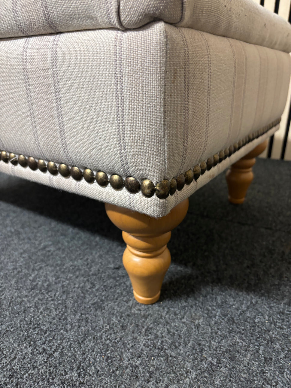Stripped grey fabric wooden framed footstool with button effect 2325