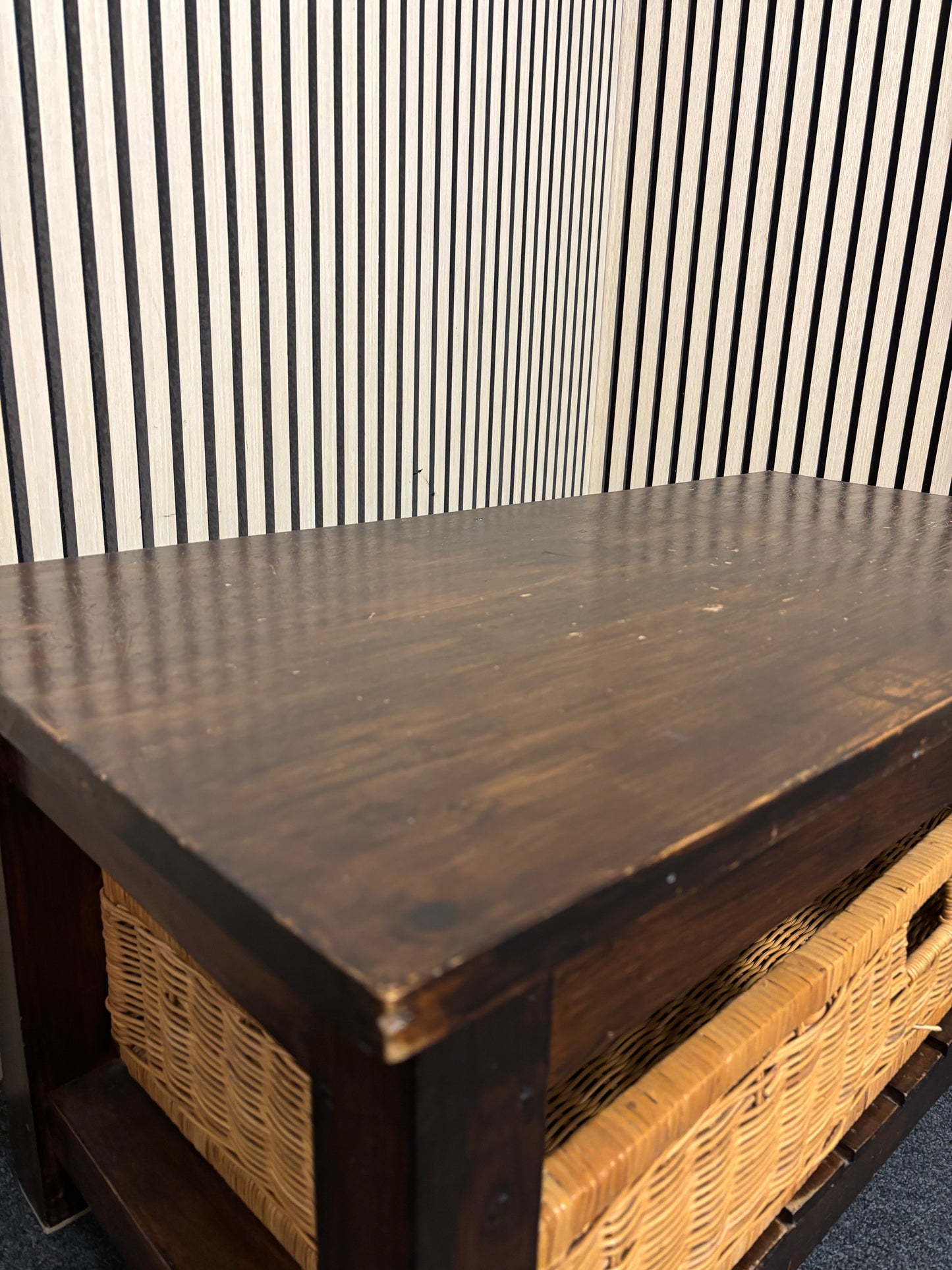 Low rectangular dark wood coffee table with wicker basket storage (H 45 x W  100 x D 50 cm) 2325