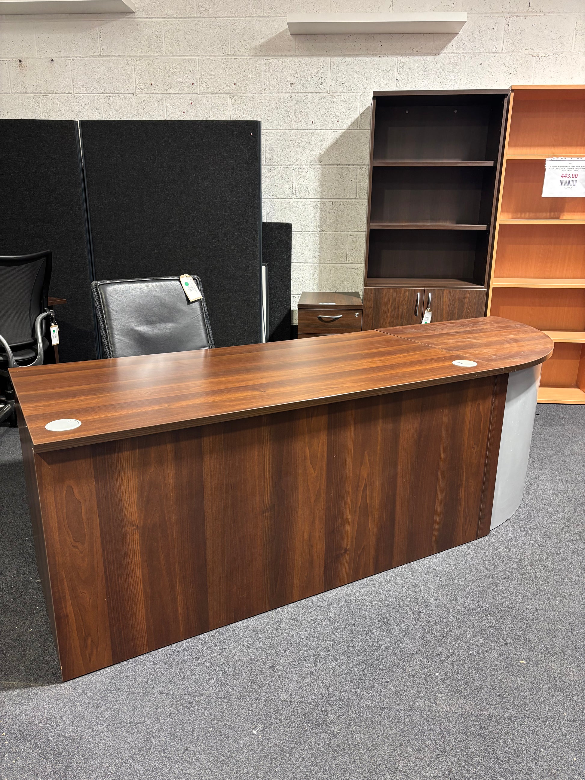 Large walnut 2400 x 800 executive desk with rounded edge and panel legs