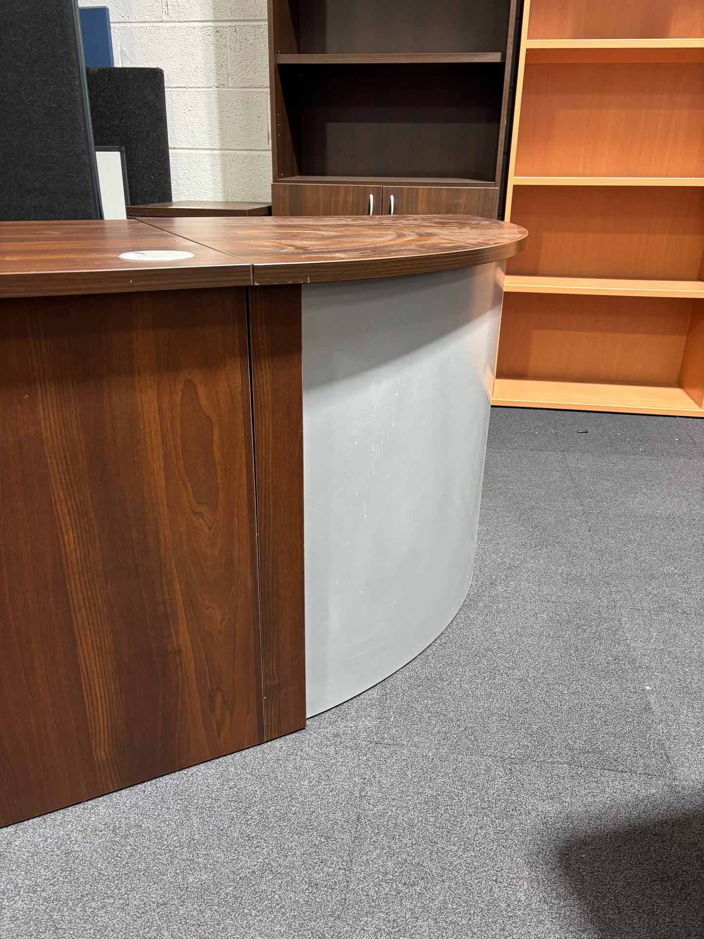 Large walnut 2400 x 800 executive desk with rounded edge and panel legs