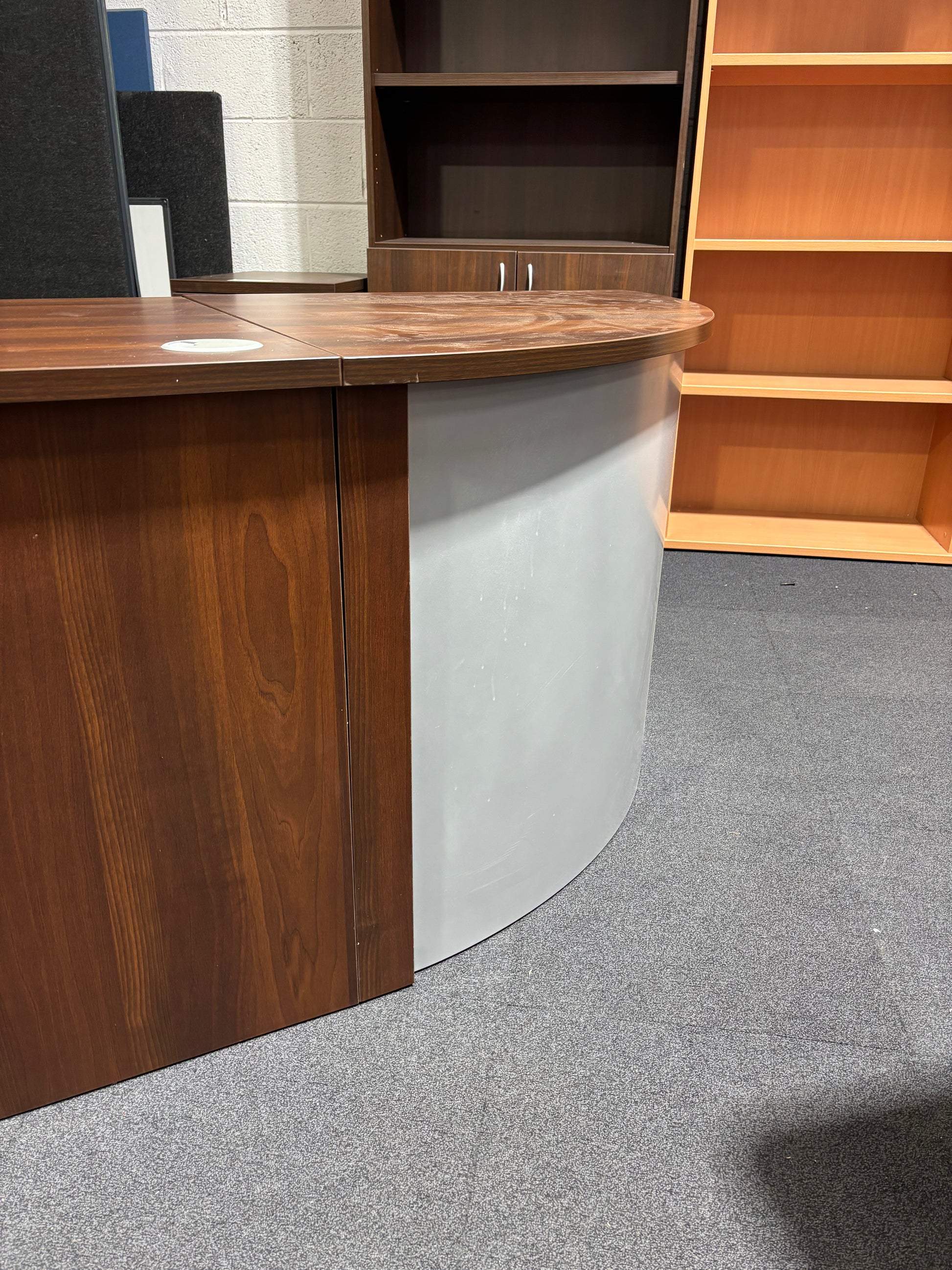 Large walnut 2400 x 800 executive desk with rounded edge and panel legs