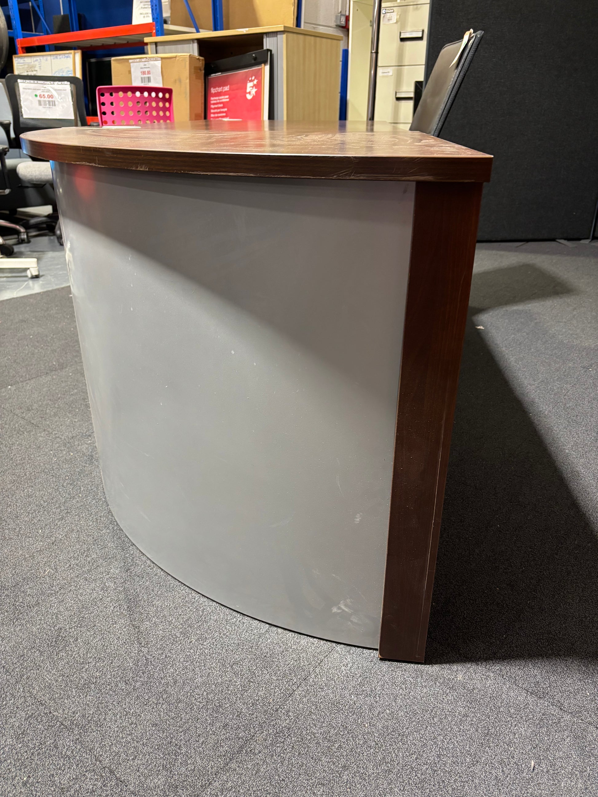 Large walnut 2400 x 800 executive desk with rounded edge and panel legs