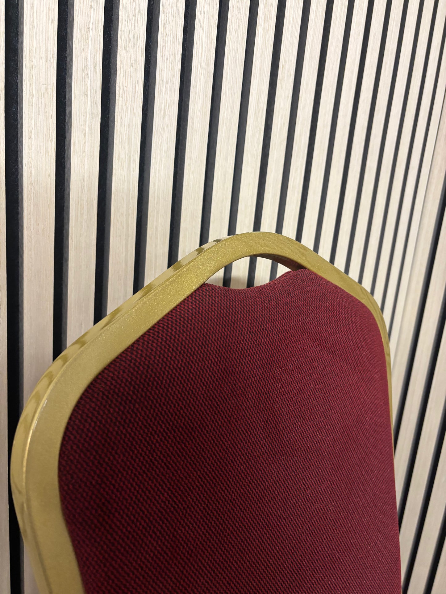 Solid metal framed gold effect red fabric banquet chair 2325