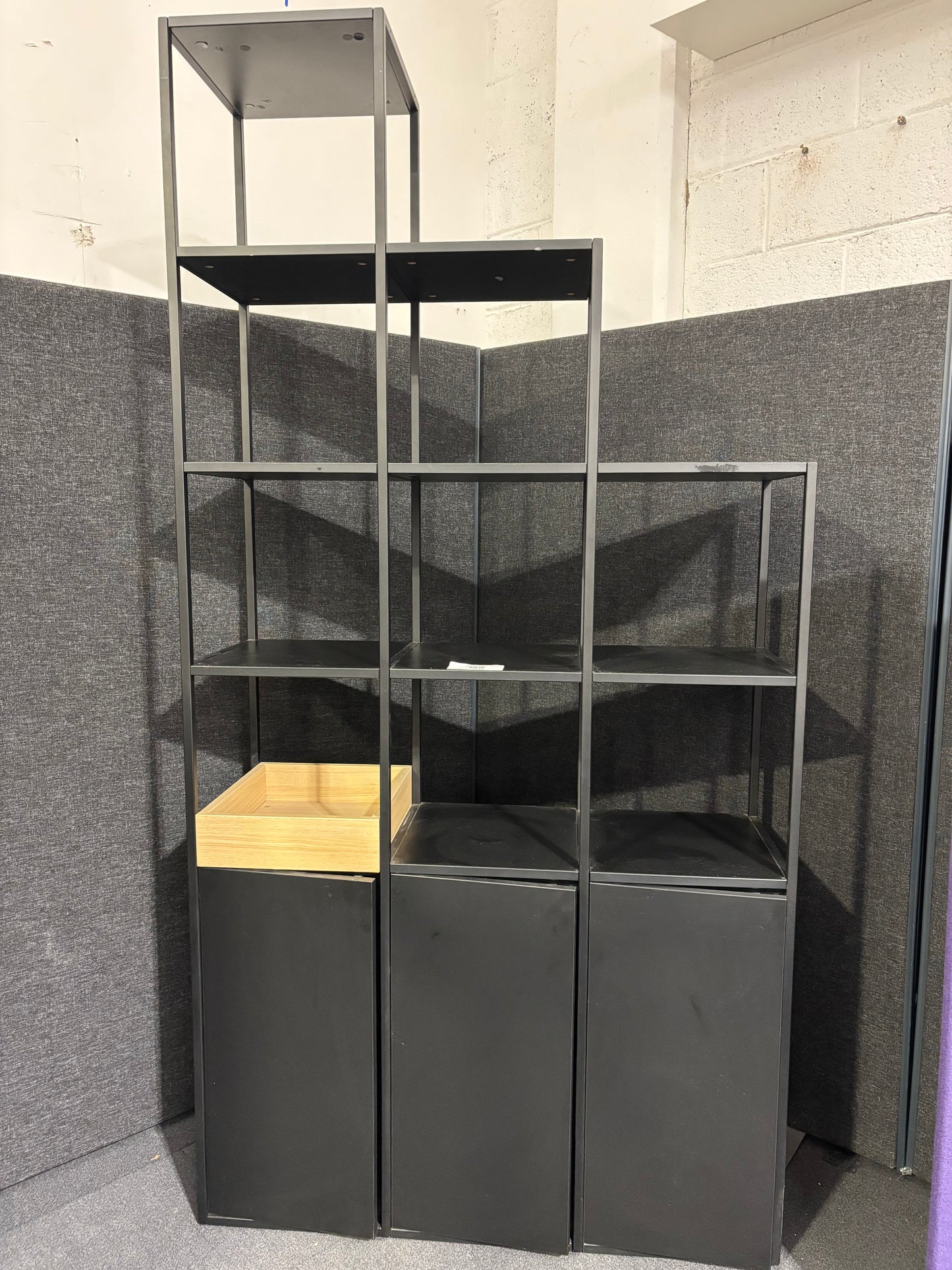 Tiered black metal  3 section open storage unit with base doors 1500W x 2200H x 390D