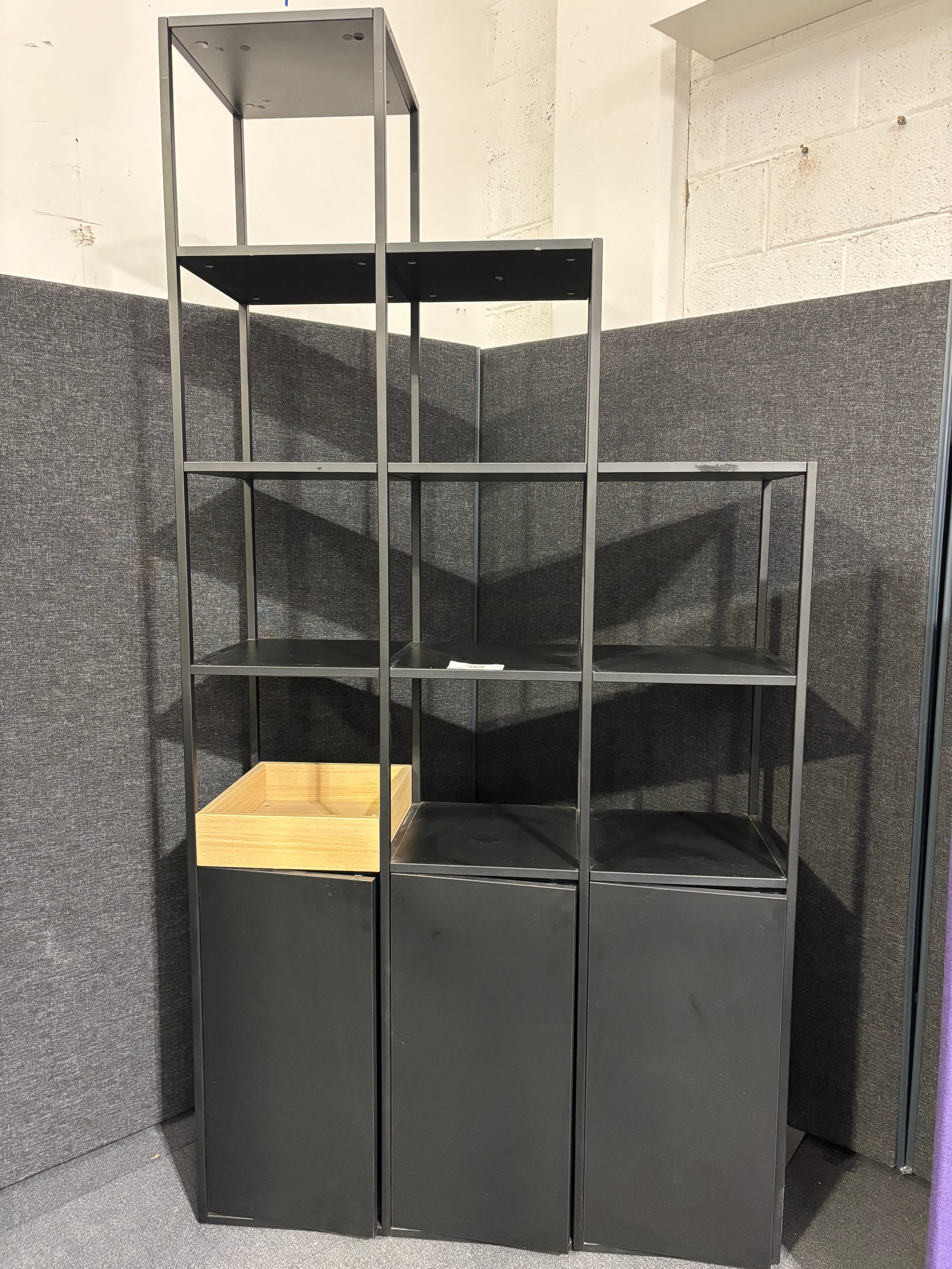 Tiered black metal  3 section open storage unit with base doors 1500W x 2200H x 390D