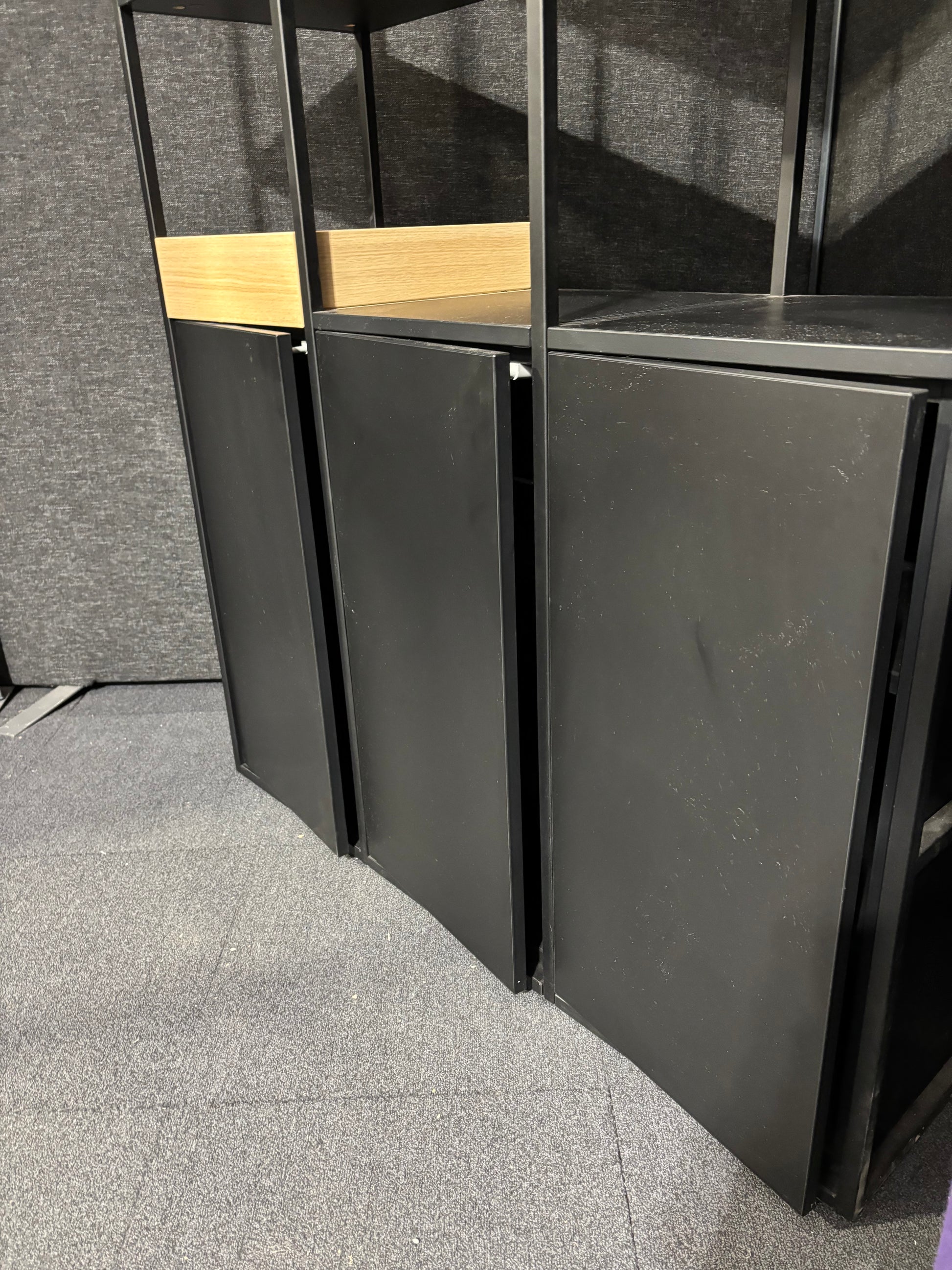 Tiered black metal  3 section open storage unit with base doors 1500W x 2200H x 390D