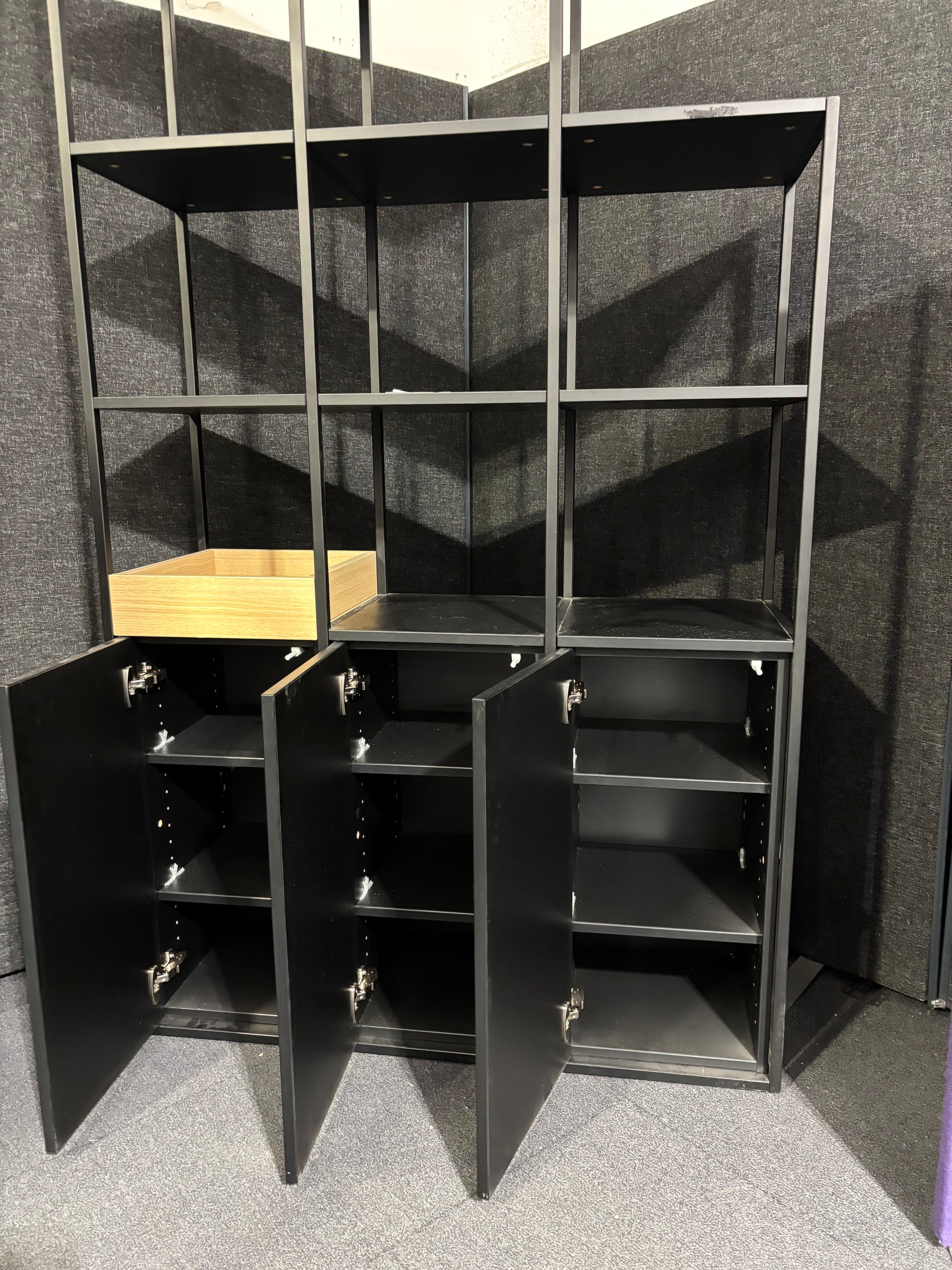 Tiered black metal  3 section open storage unit with base doors 1500W x 2200H x 390D