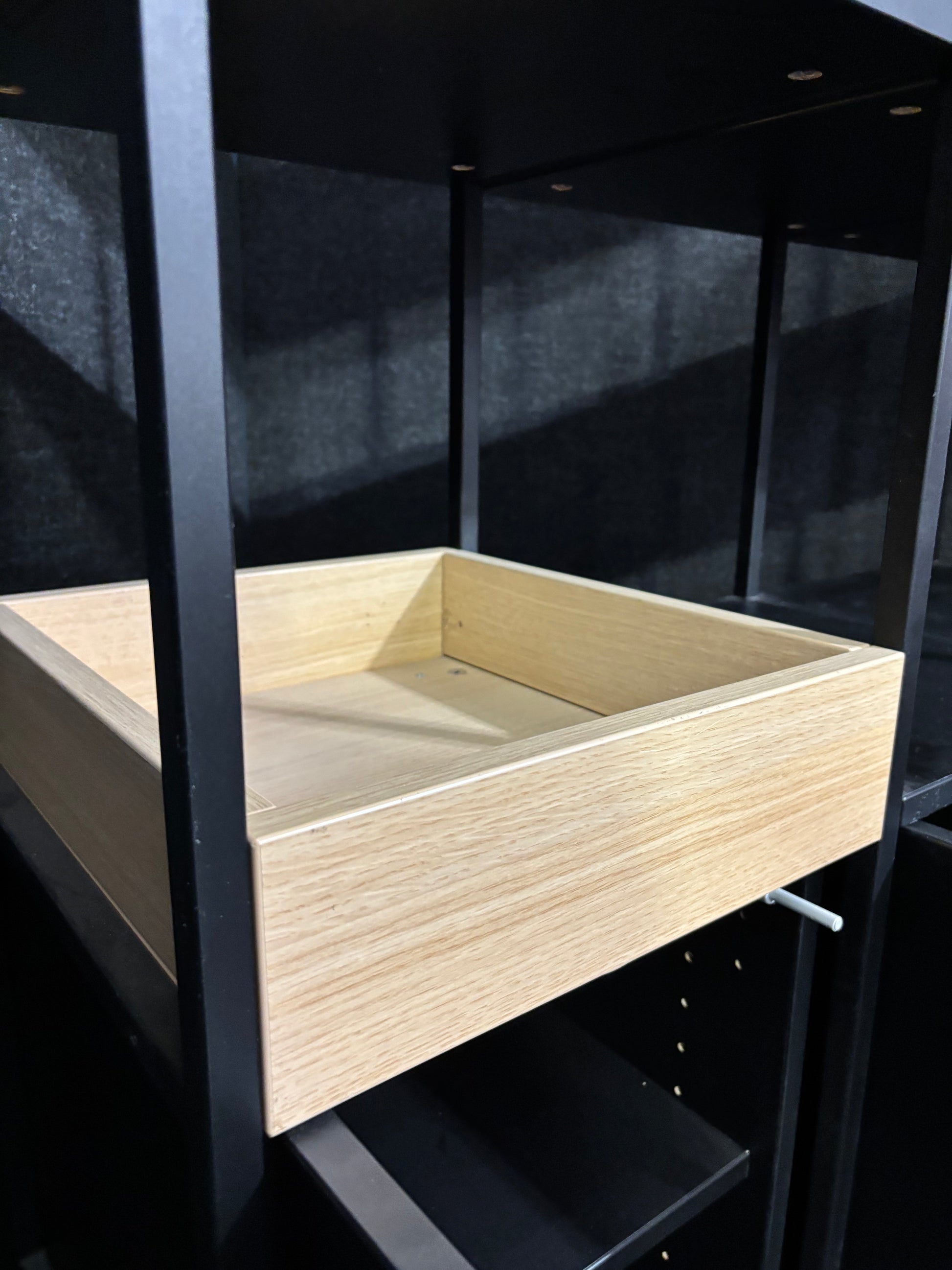 Tiered black metal  3 section open storage unit with base doors 1500W x 2200H x 390D