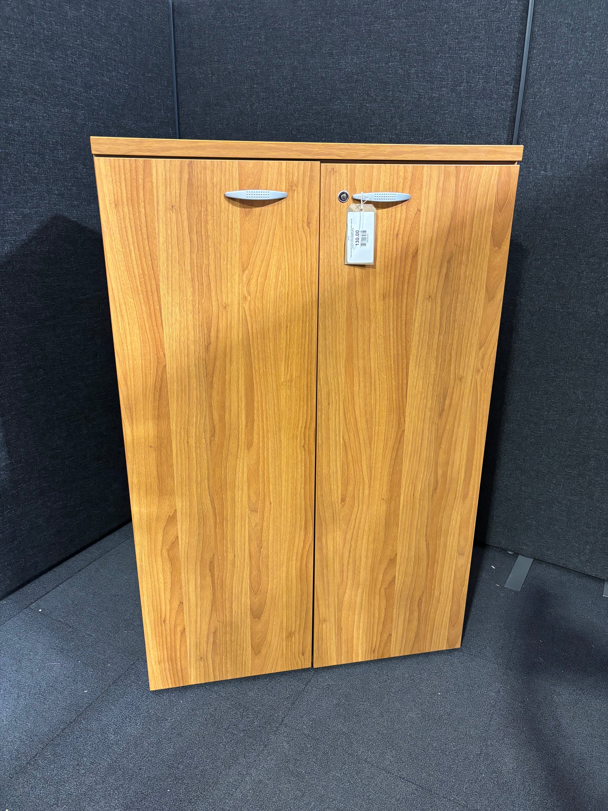 Tall cherry laminate 2 door storage unit with internal shelves 1310Hx860Wx450D