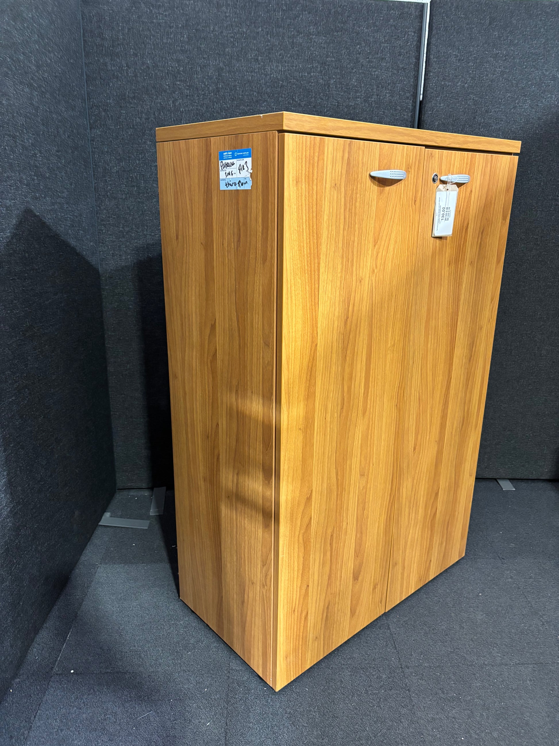 Tall cherry laminate 2 door storage unit with internal shelves 1310Hx860Wx450D