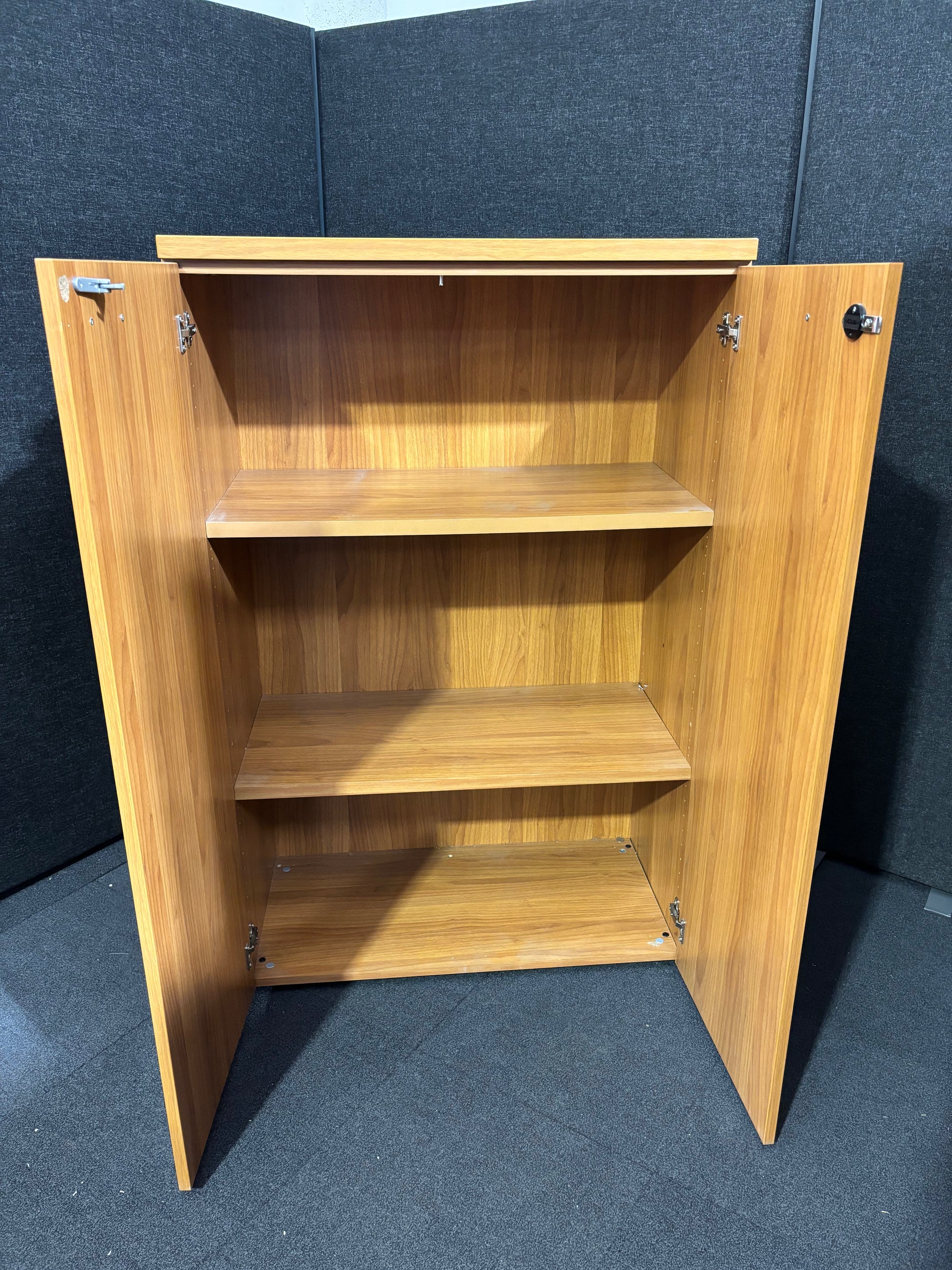 Tall cherry laminate 2 door storage unit with internal shelves 1310Hx860Wx450D