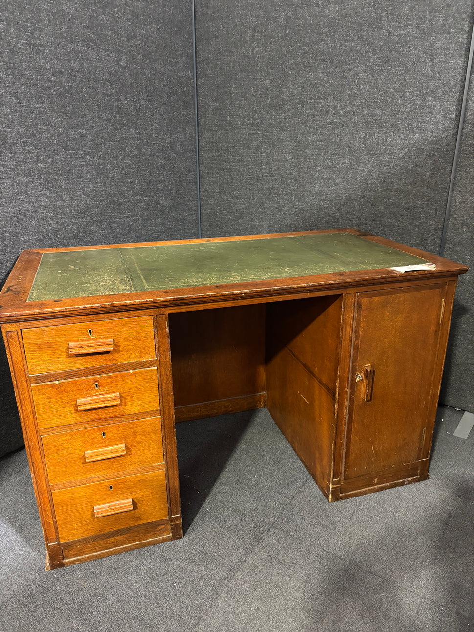 Mahogany inlaid 4 drawer 1 door old partner desk with leather inlay