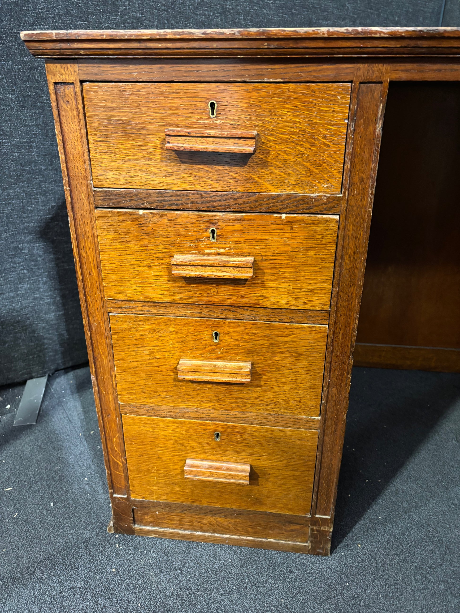 Mahogany inlaid 4 drawer 1 door old partner desk with leather inlay