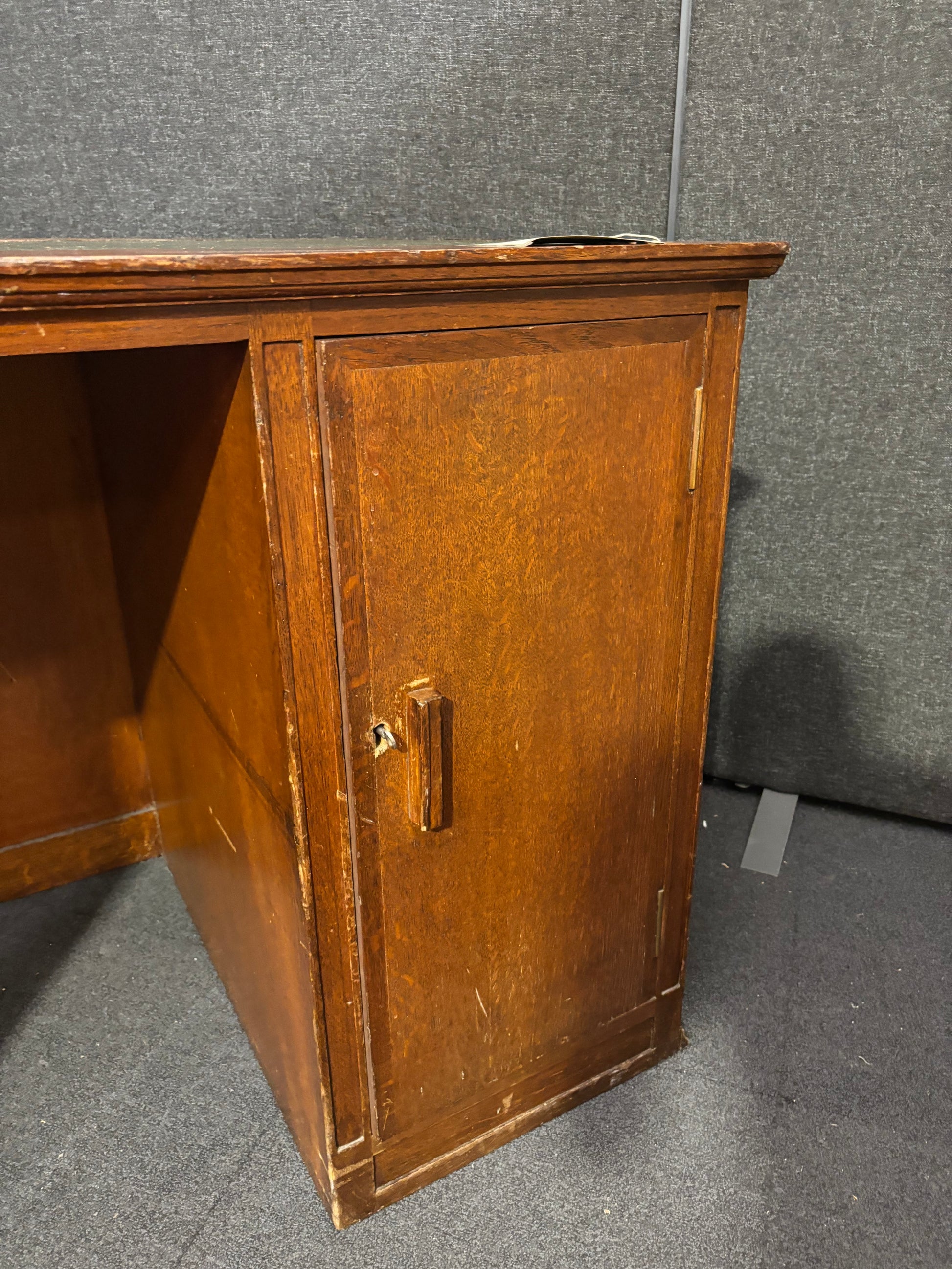 Mahogany inlaid 4 drawer 1 door old partner desk with leather inlay