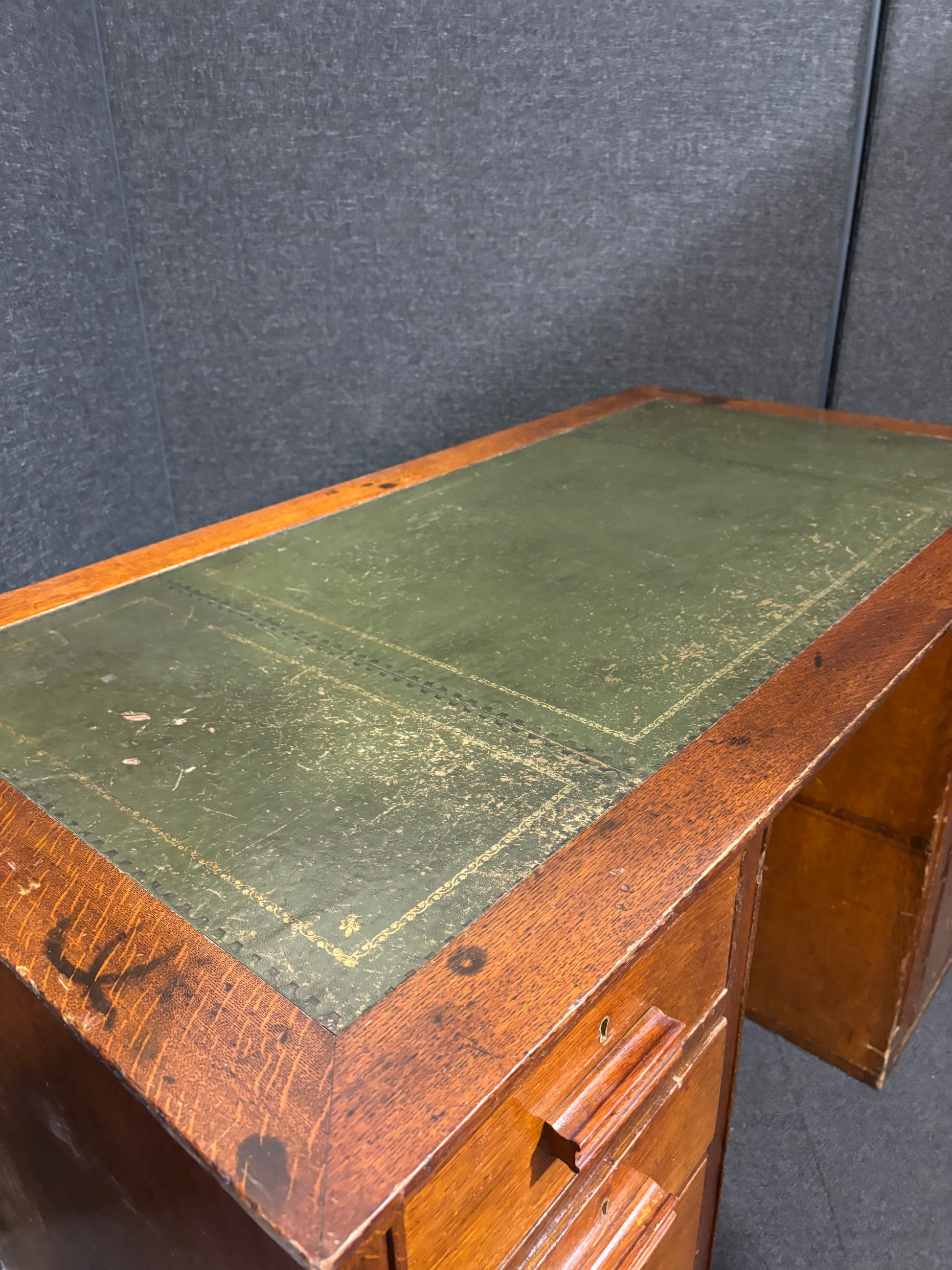 Mahogany inlaid 4 drawer 1 door old partner desk with leather inlay