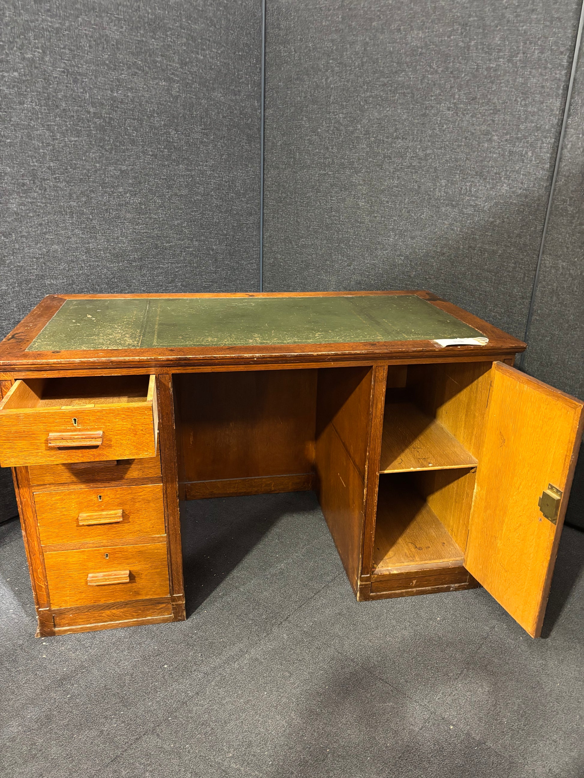 Mahogany inlaid 4 drawer 1 door old partner desk with leather inlay