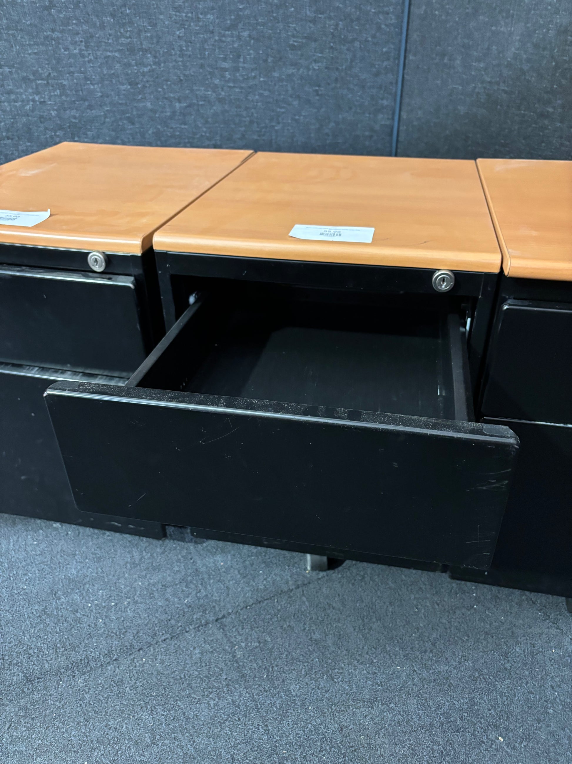 Black metal and maple top 2 drawer mobile under desk pedestal