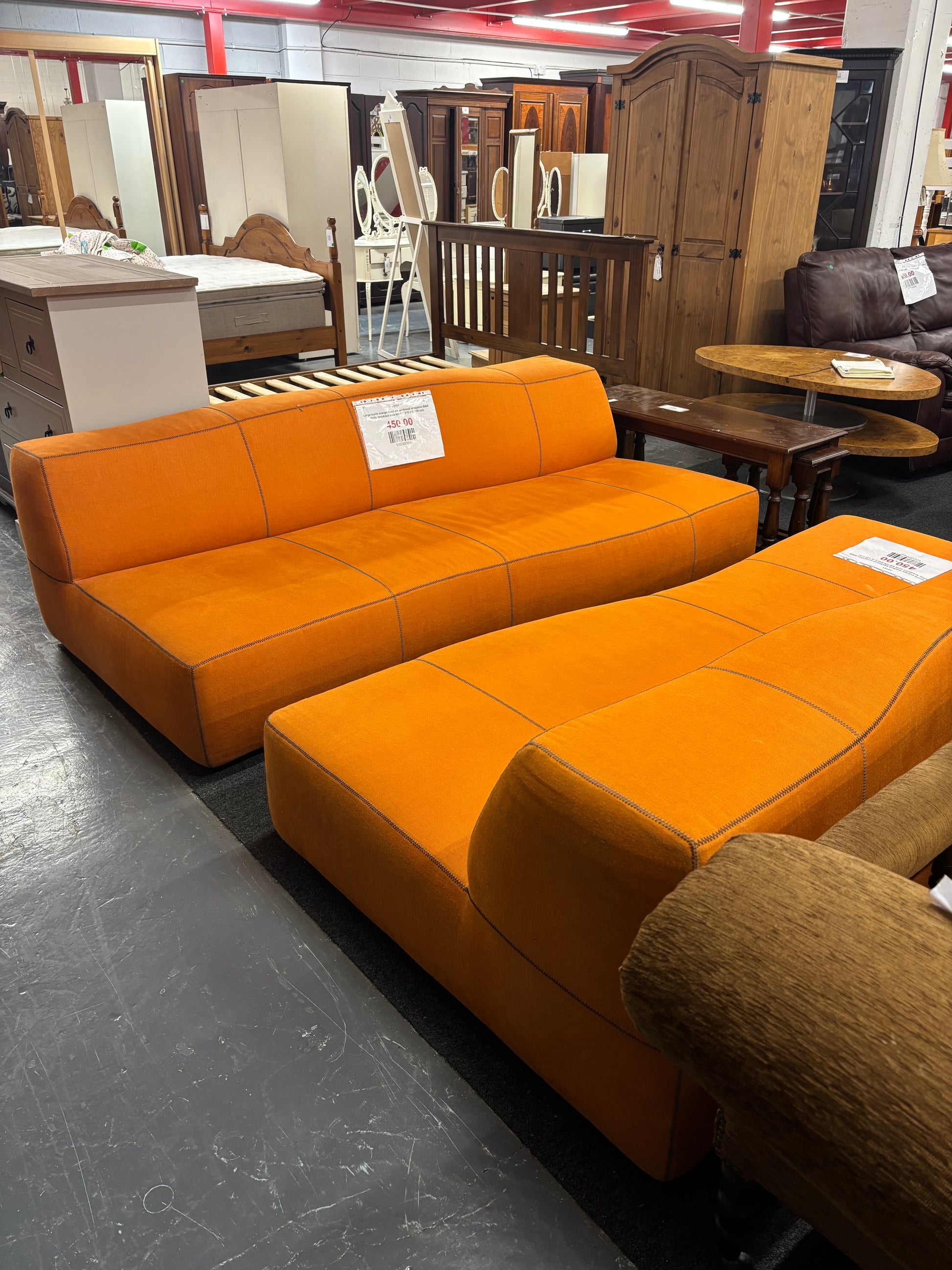 Large burnt orange modern sectional reception B&B Italia, breakout sofa set (W 210 x D 120 cm)