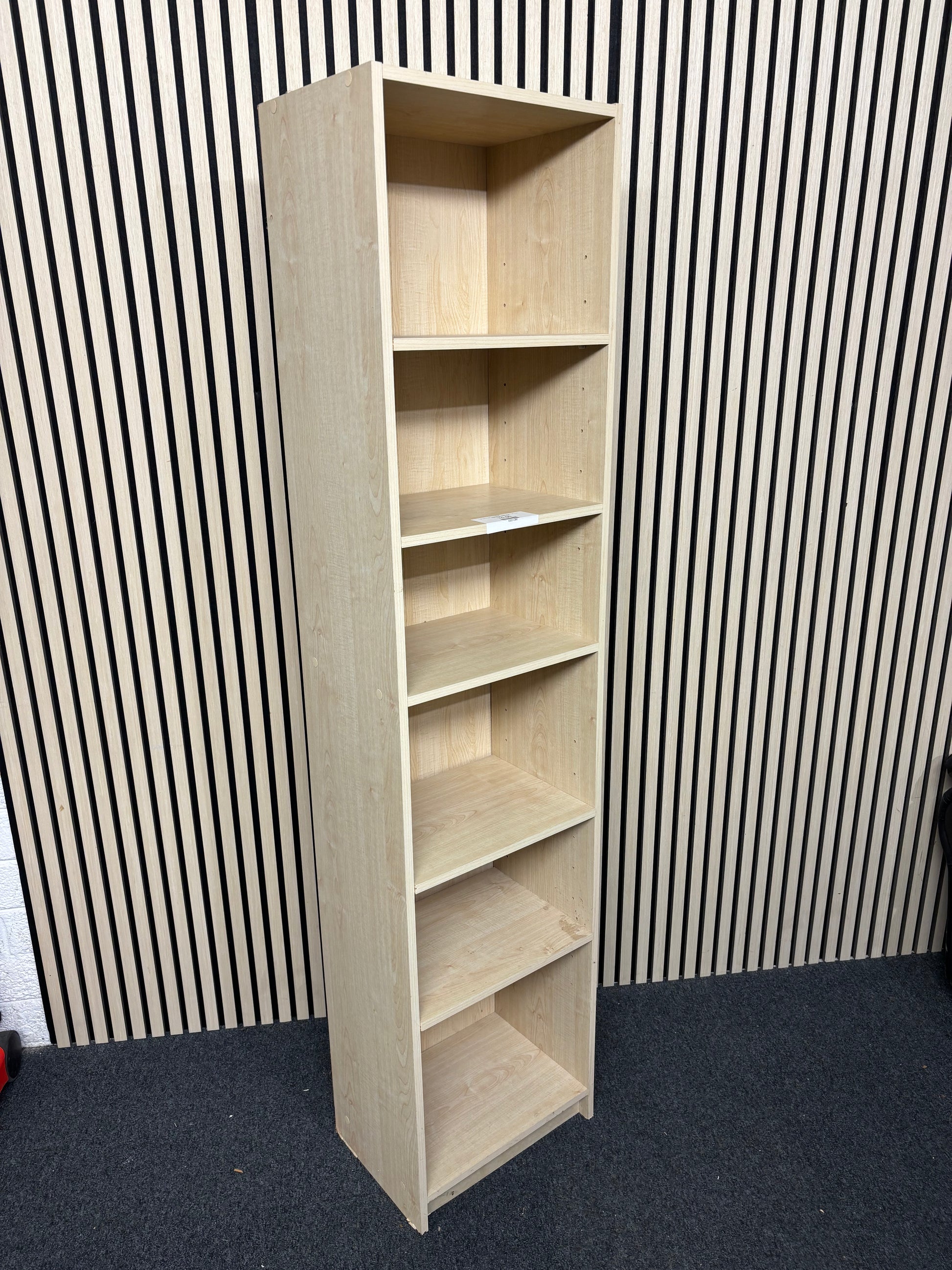 Tall light maple wood narrow shelving unit with open shelves 180Hx30Dx42W