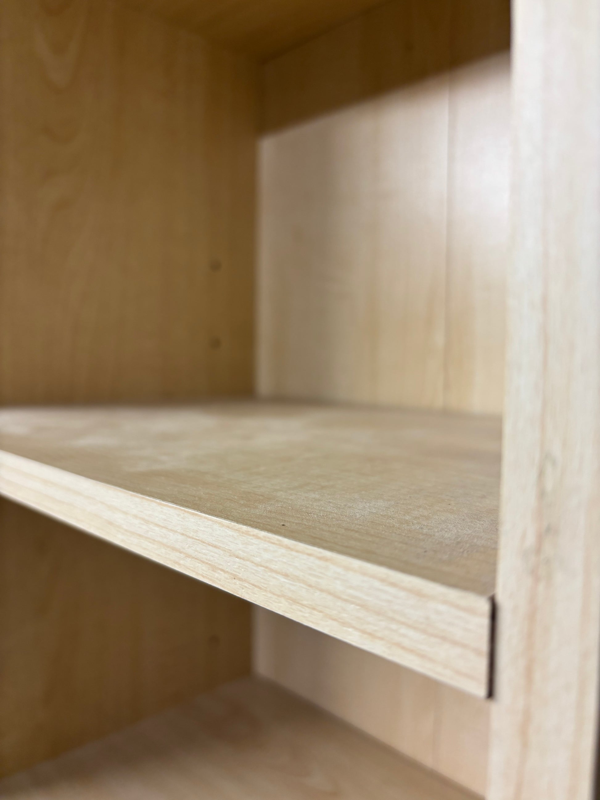Tall light maple wood narrow shelving unit with open shelves 180Hx30Dx42W