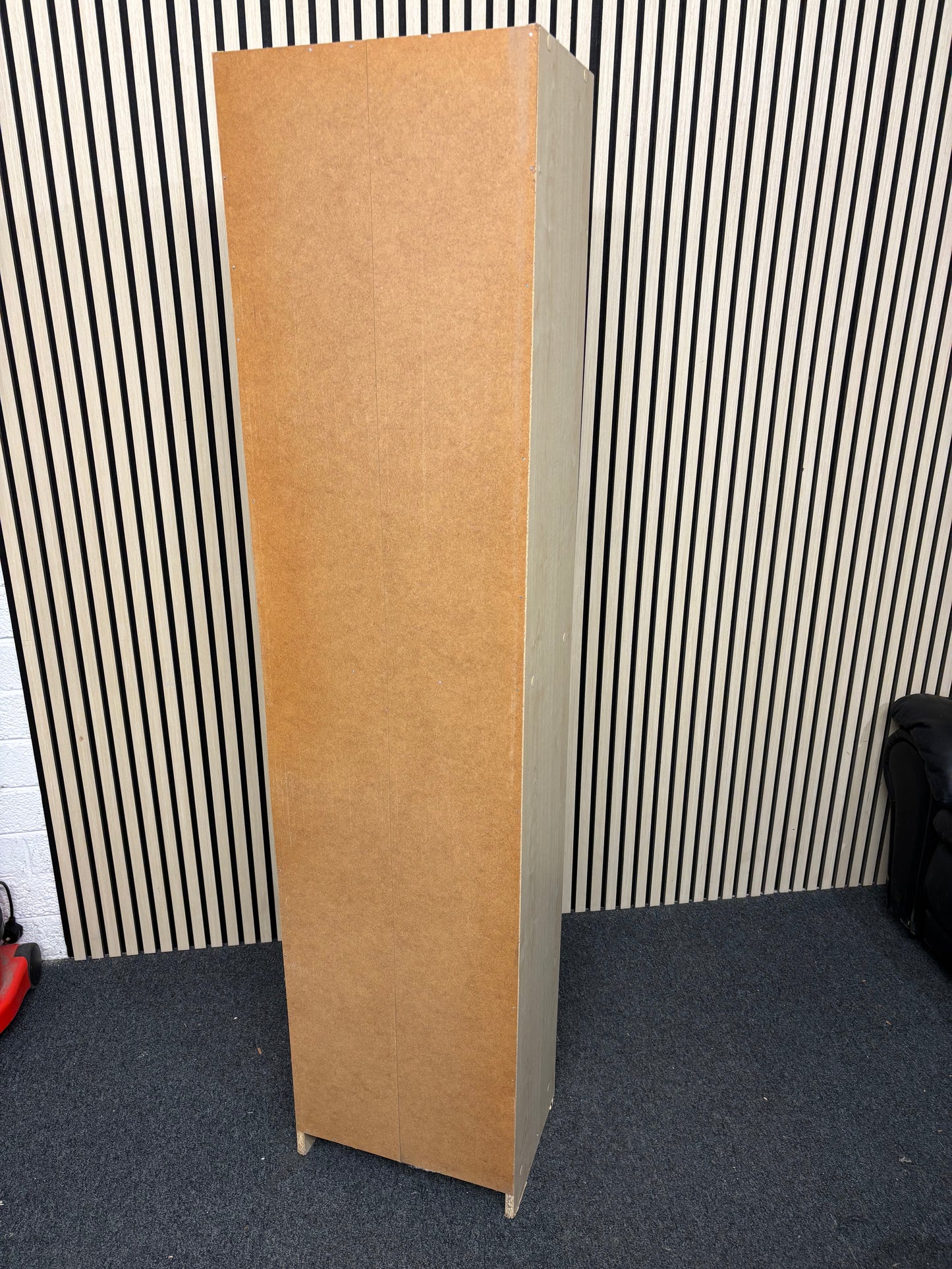 Tall light maple wood narrow shelving unit with open shelves 180Hx30Dx42W