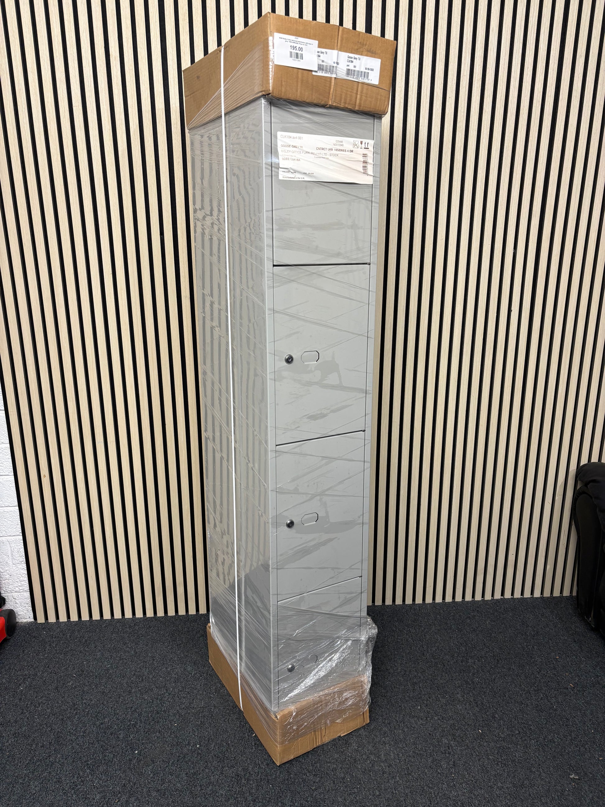 NEW Bisley 4 door personal metal locker with keys in grey. 180Hx30Wx45D. Price inc VAT