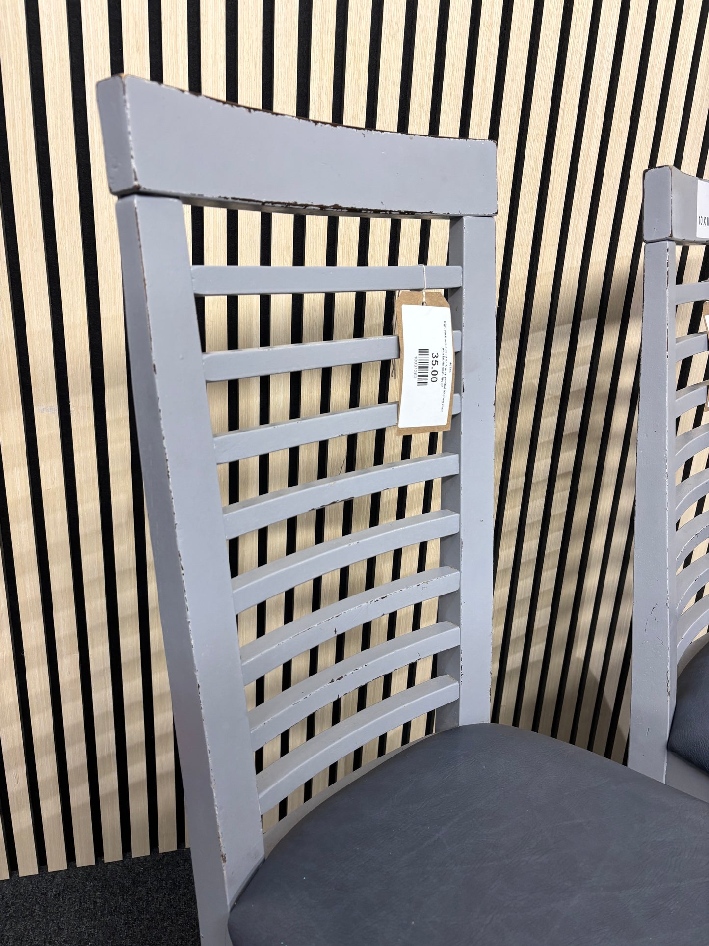 High back solid wood dark grey painted kitchen chair with fabric seat. Qty of