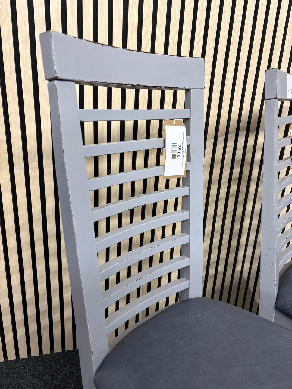 High back solid wood dark grey painted kitchen chair with fabric seat. Qty of