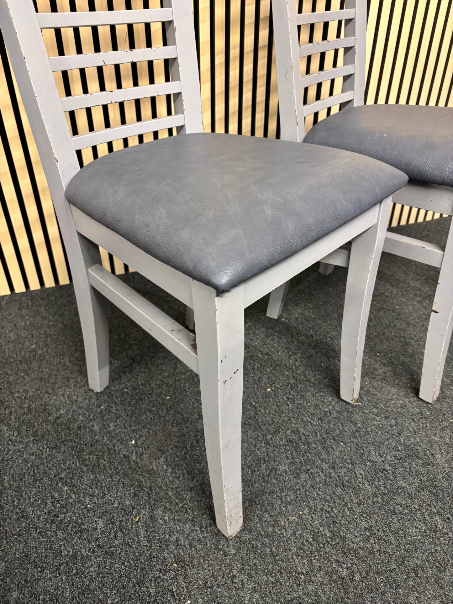 High back solid wood dark grey painted kitchen chair with fabric seat. Qty of