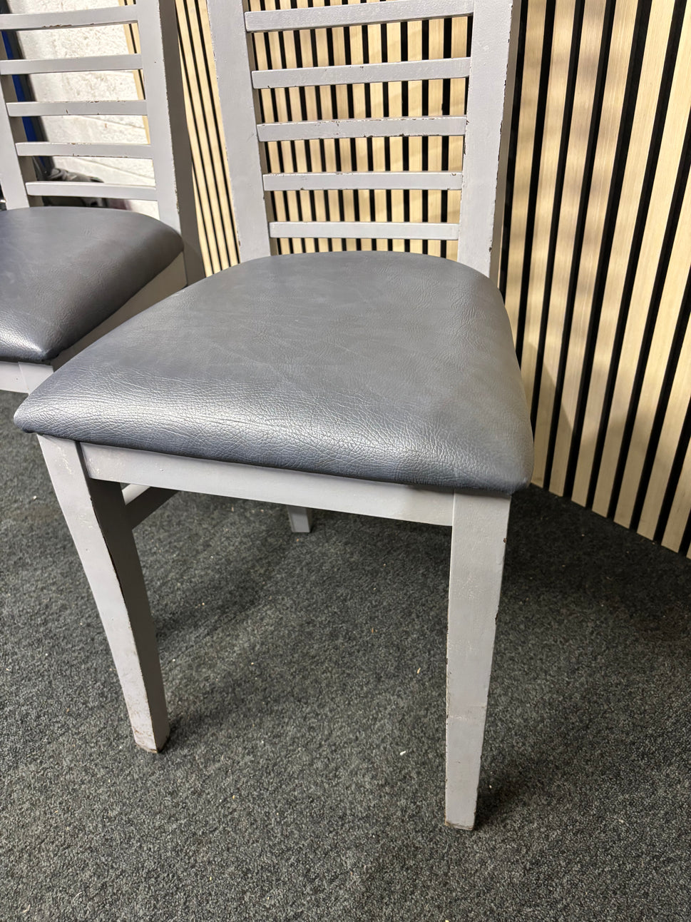 High back solid wood dark grey painted kitchen chair with fabric seat. Qty of