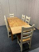 Switch Solid oak rectangular modern dining table with cream painted legs (L x 160 W x 91 H x 75)with 4 no matching solid chairs 2 image