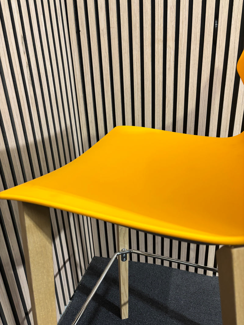 NEW Roscoe high stool with natural oak legs and plastic shell- warm yellow