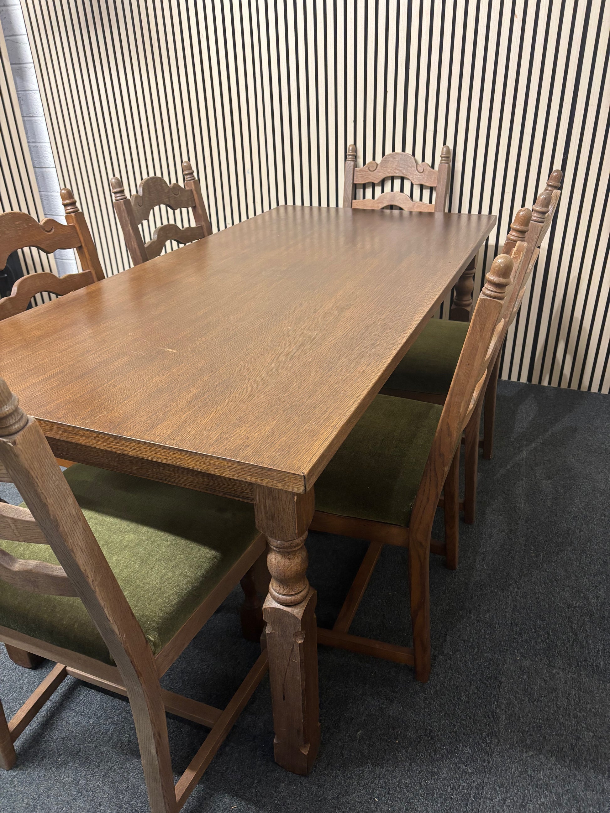 Dutch dark oak stained large rectangular kitchen table with 6 no. matching chairs with fabric seat 2425