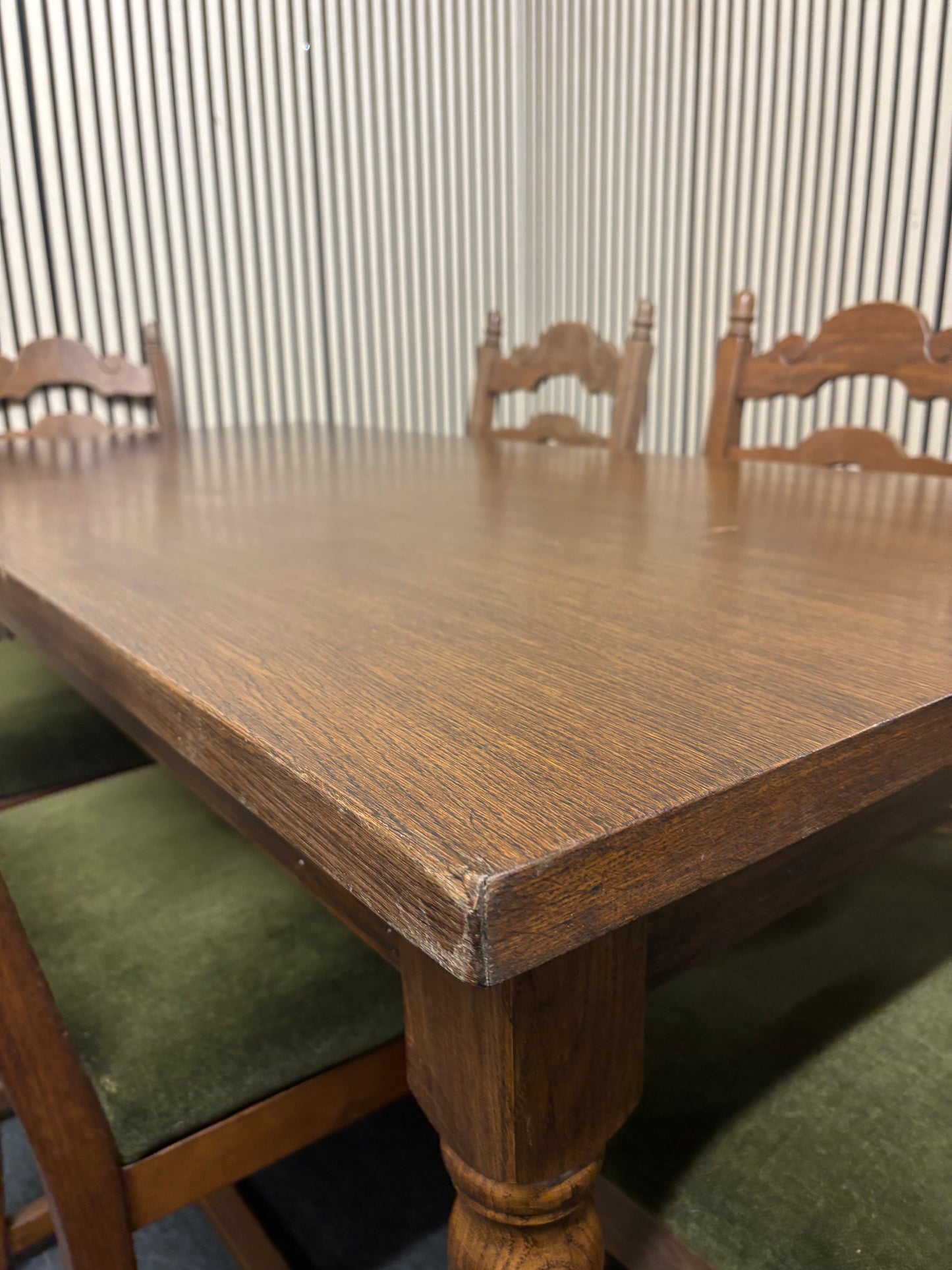 Dutch dark oak stained large rectangular kitchen table with 6 no. matching chairs with fabric seat 2425