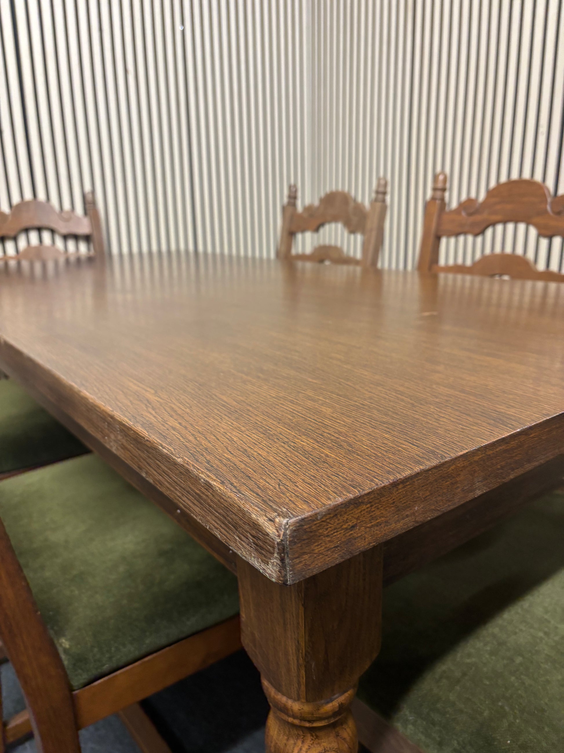 Dutch dark oak stained large rectangular kitchen table with 6 no. matching chairs with fabric seat 2425