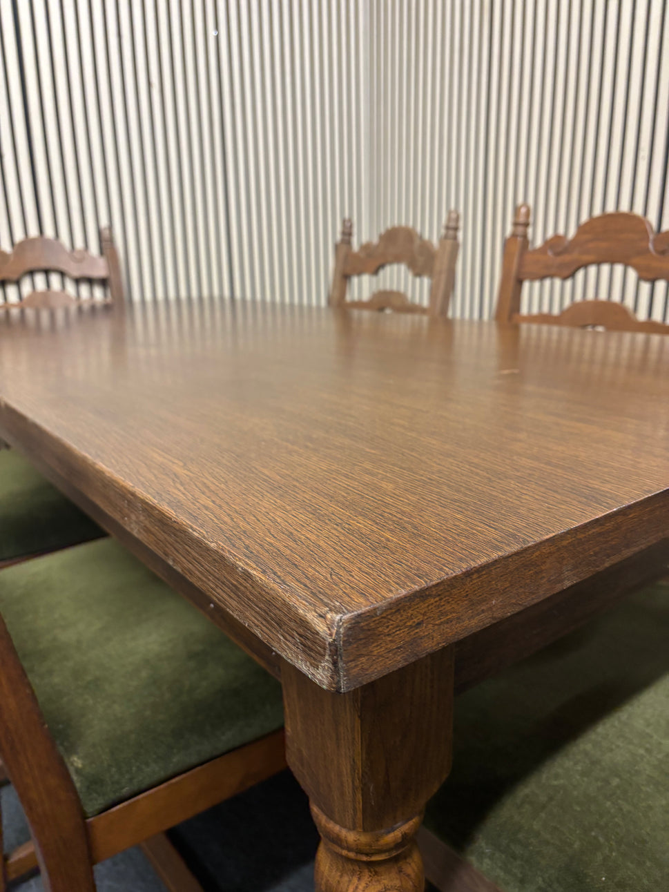 Dutch dark oak stained large rectangular kitchen table with 6 no. matching chairs with fabric seat 2425