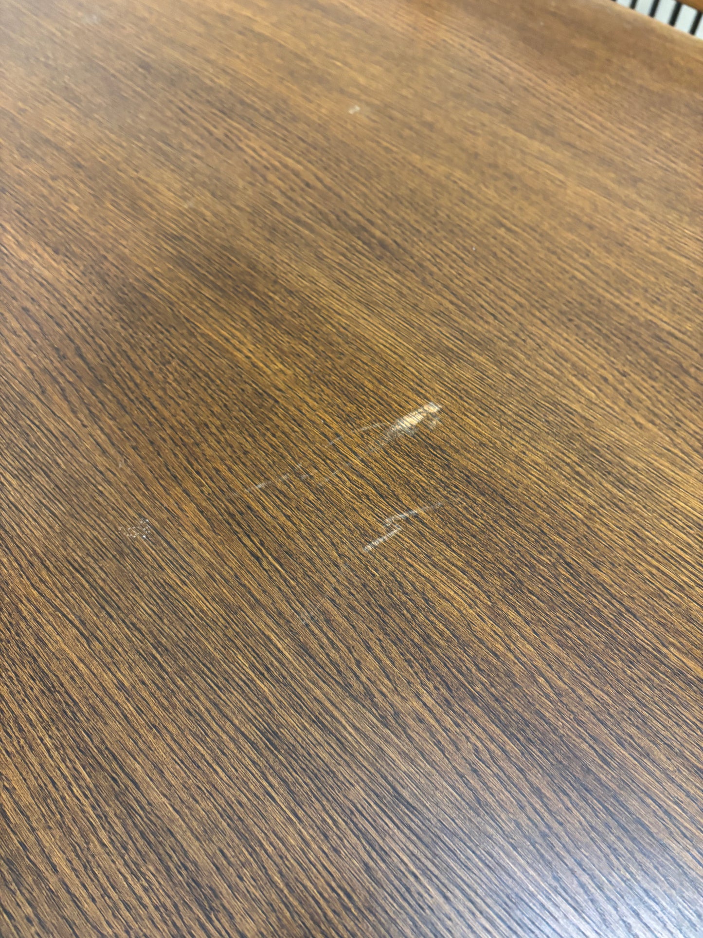 Dutch dark oak stained large rectangular kitchen table with 6 no. matching chairs with fabric seat 2425