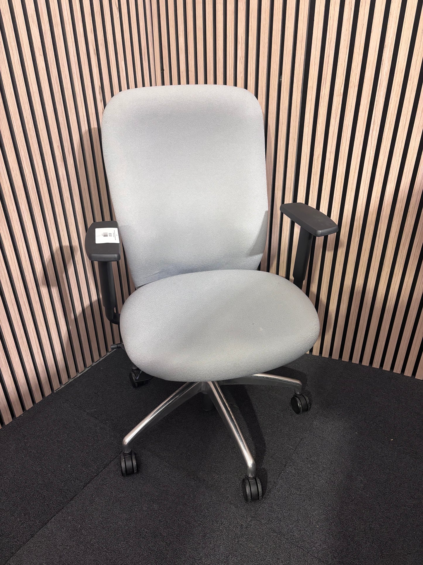 High back grey fabric Verco swivel height adjustable arms and chrome base