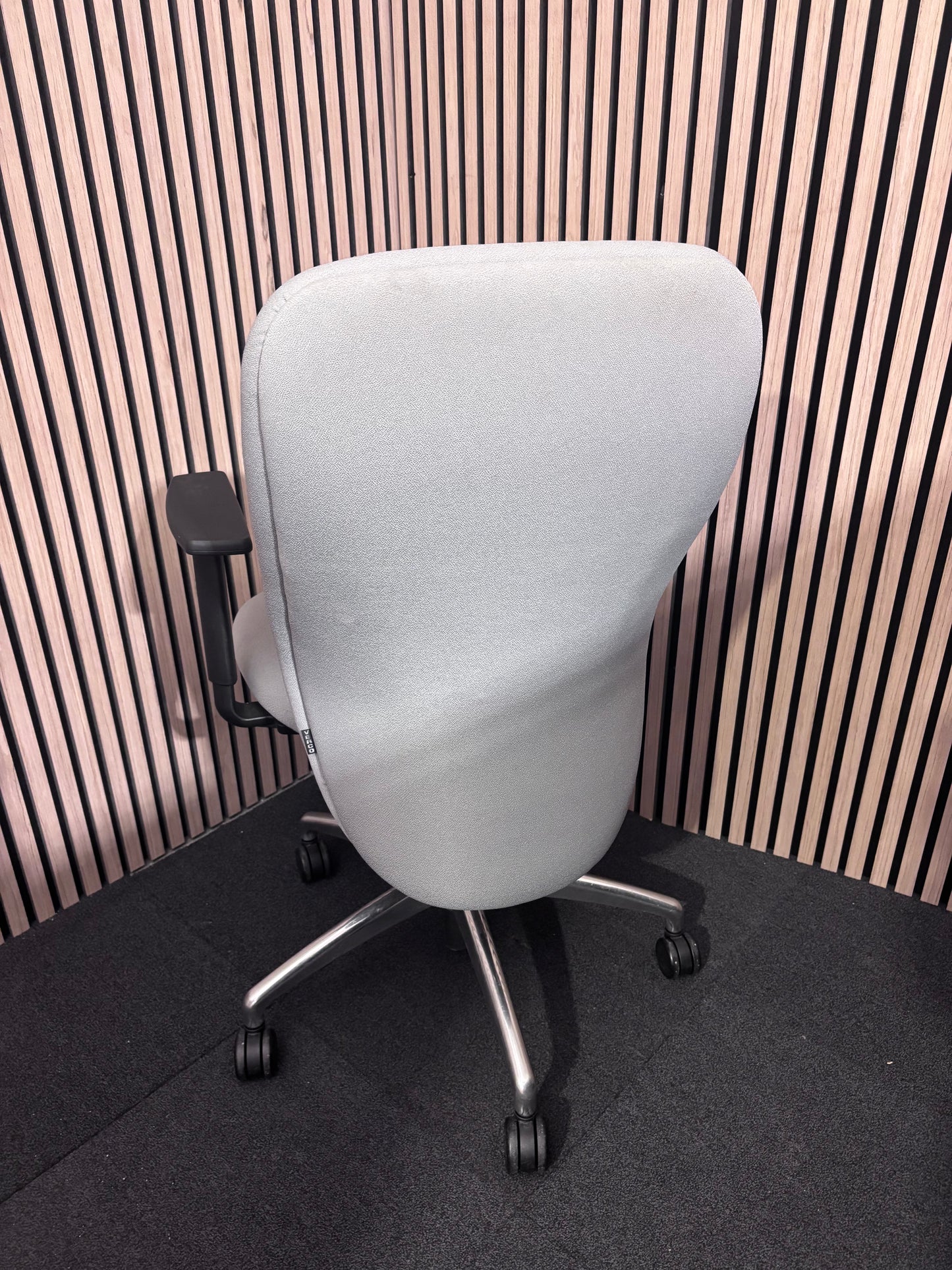 High back grey fabric Verco swivel height adjustable arms and chrome base