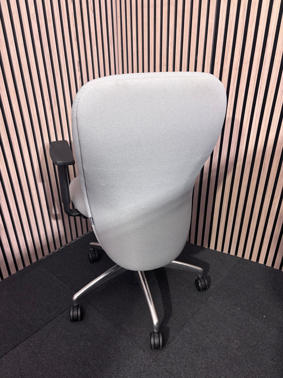 High back grey fabric Verco swivel height adjustable arms and chrome base