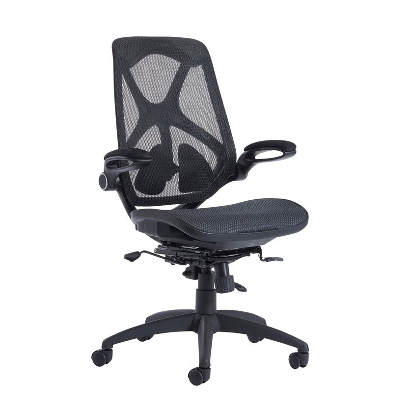 NEW Napier black mesh height adjustable swivel chair with black fabric pivot arms. PRICE INC VAT
