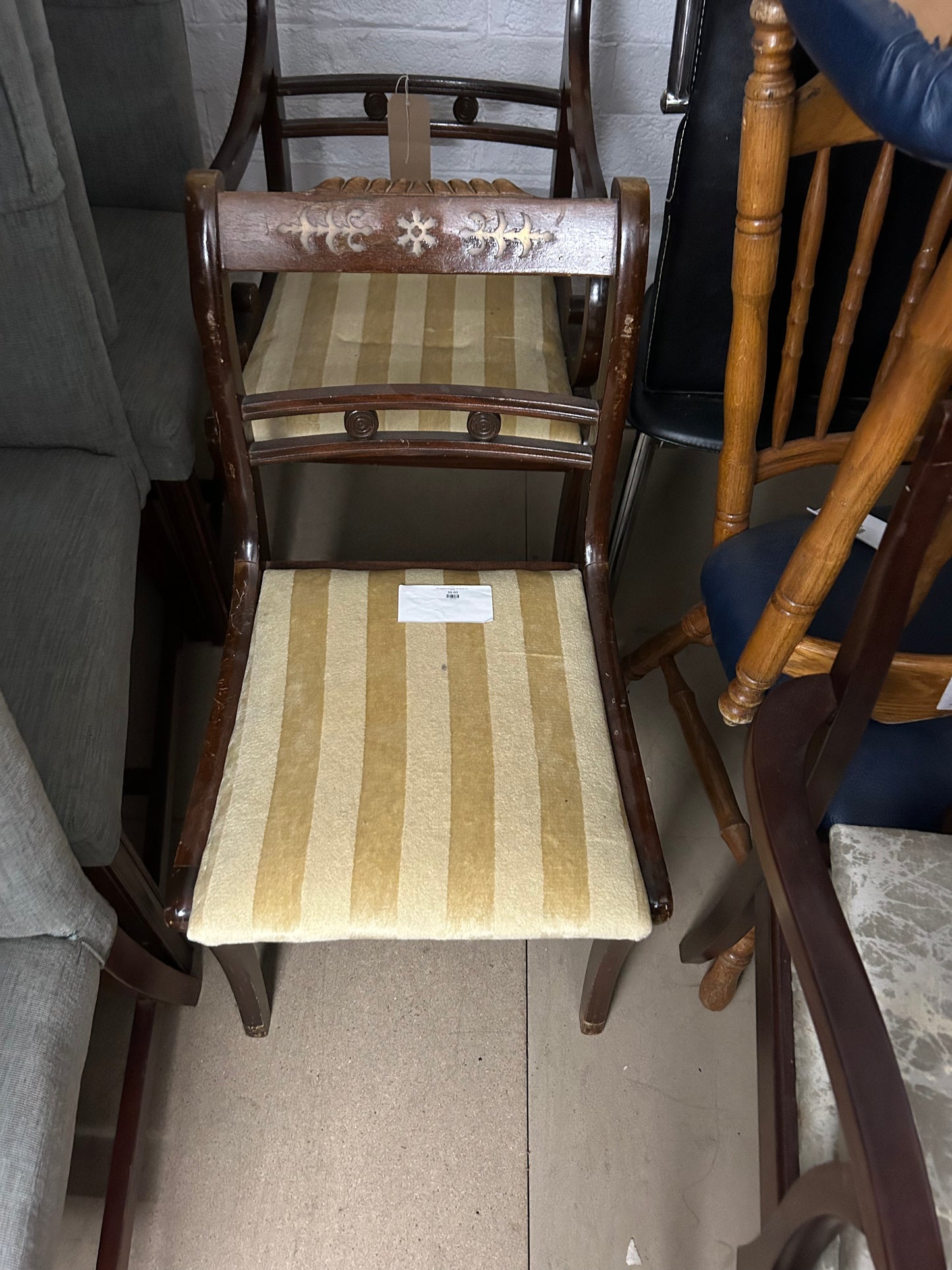 Pairs of mahogany framed chairs with gold fabric seat  Q3123
